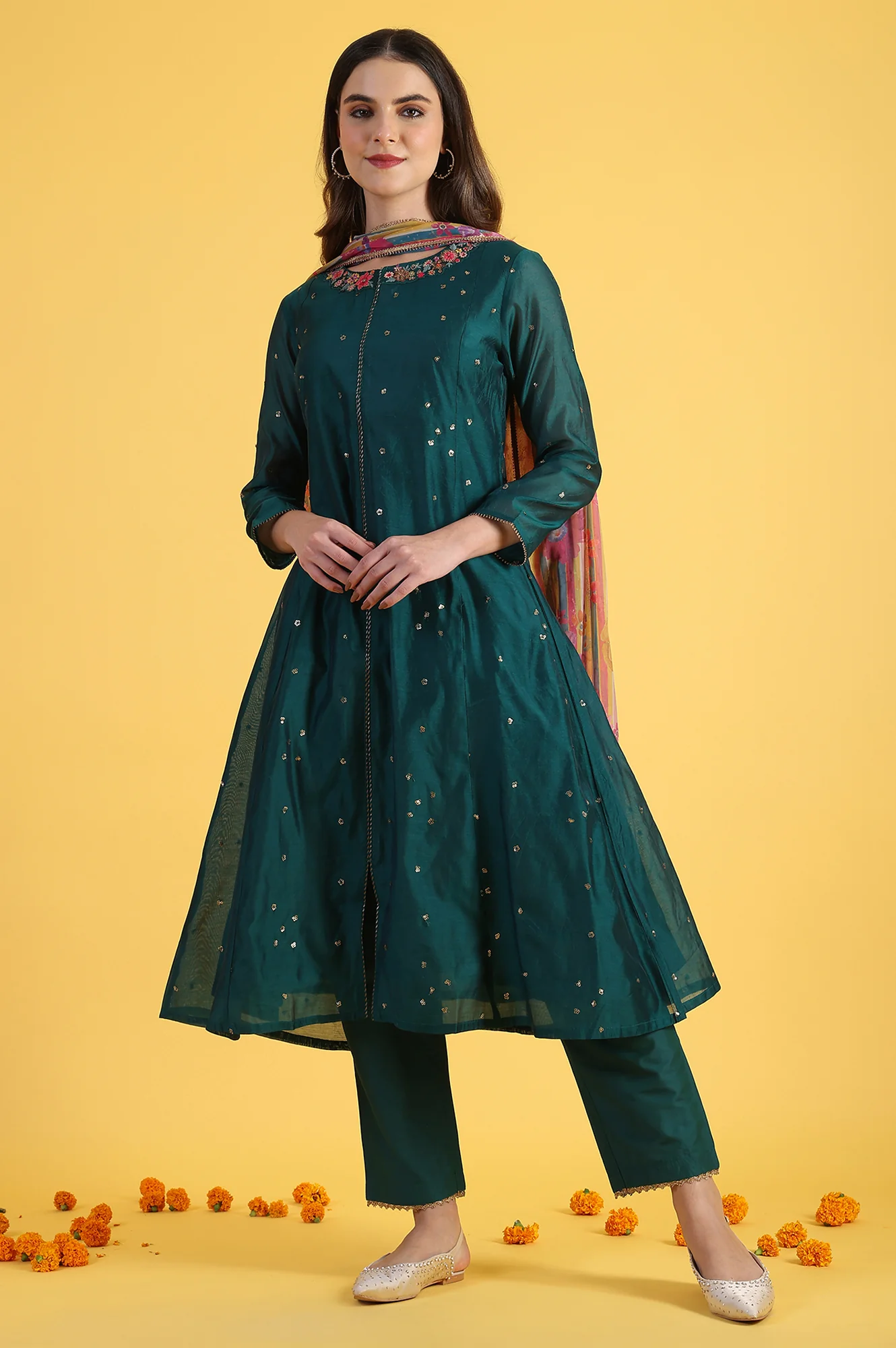 Green Solid SequinsFlared Kurta & Straight pant with Dupatta Set - Image 2