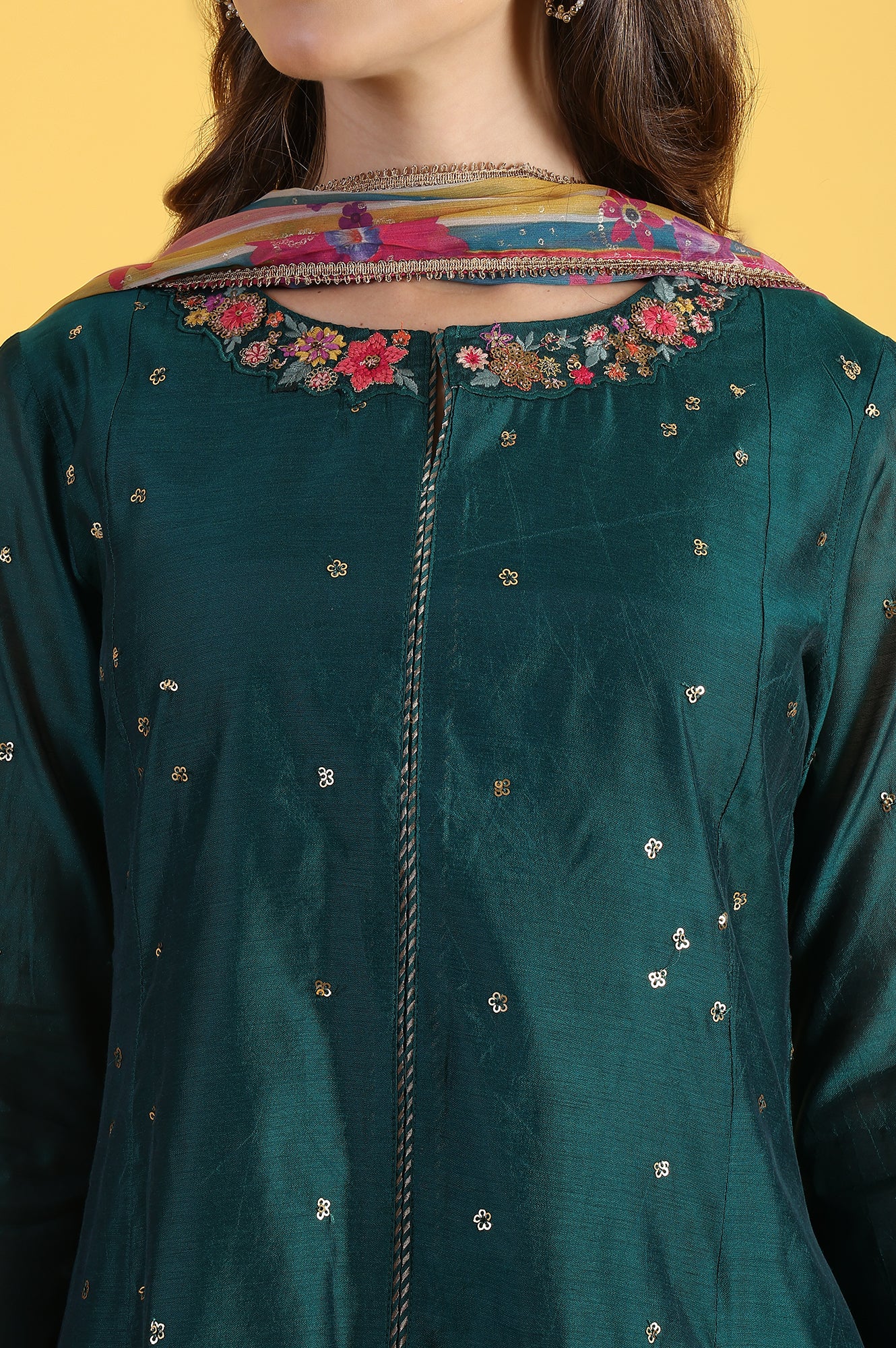 Green Solid SequinsFlared Kurta & Straight pant with Dupatta Set - Image 3