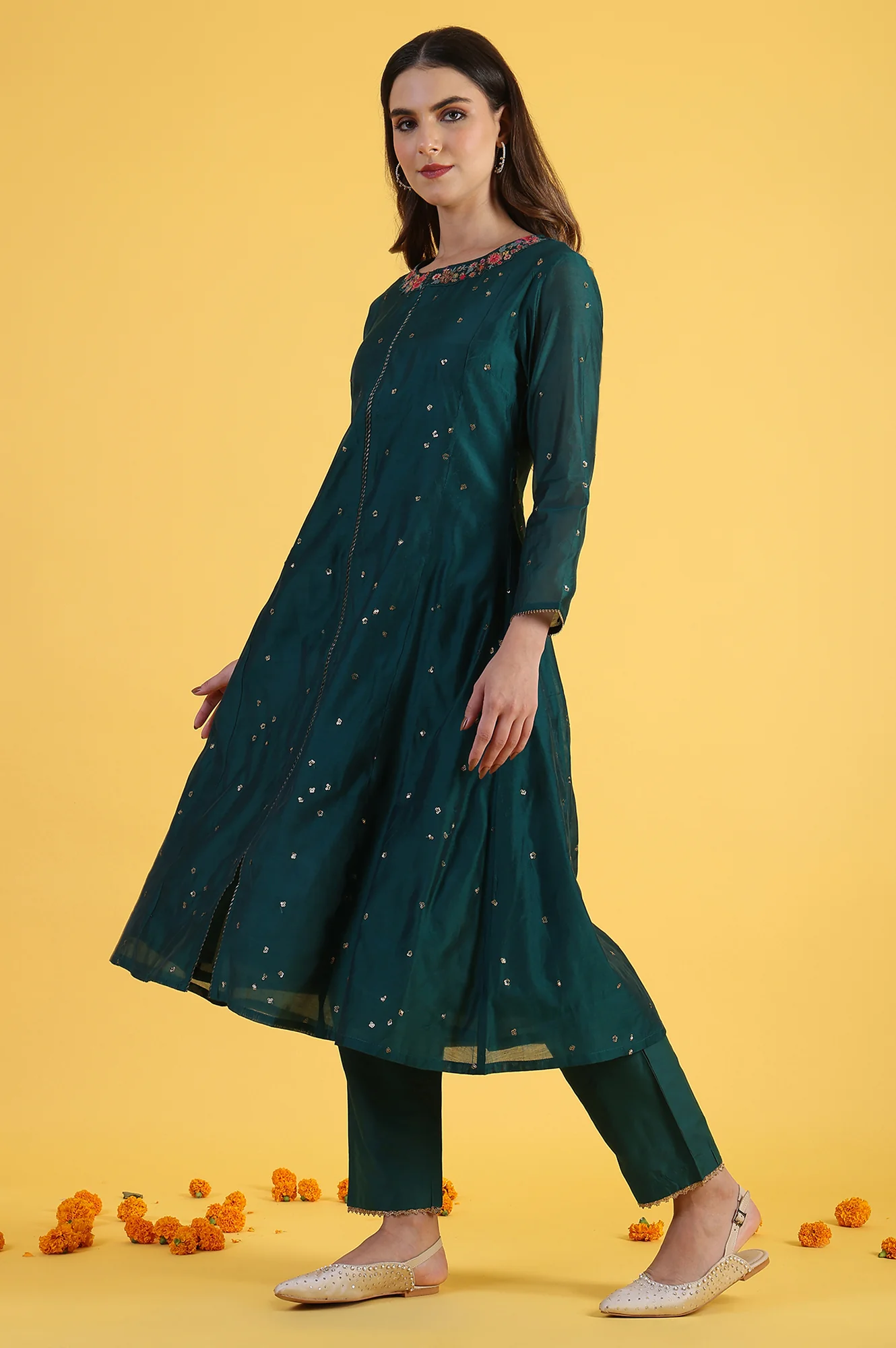Green Solid SequinsFlared Kurta & Straight pant with Dupatta Set - Image 4
