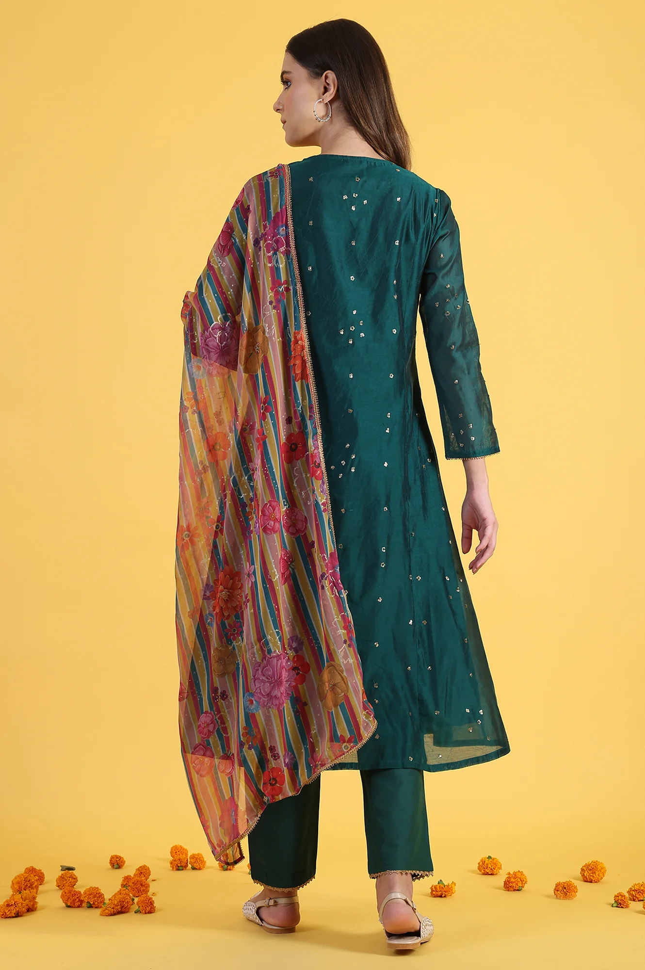 Green Solid SequinsFlared Kurta & Straight pant with Dupatta Set - Image 5