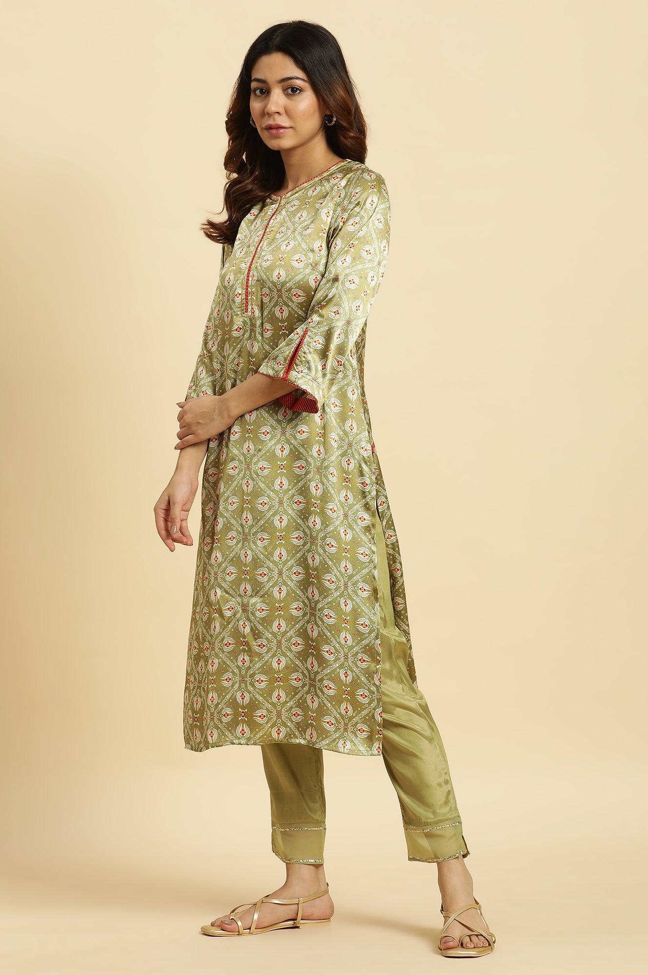 Green Solid Slim Pants With Organza Insert - Image 5