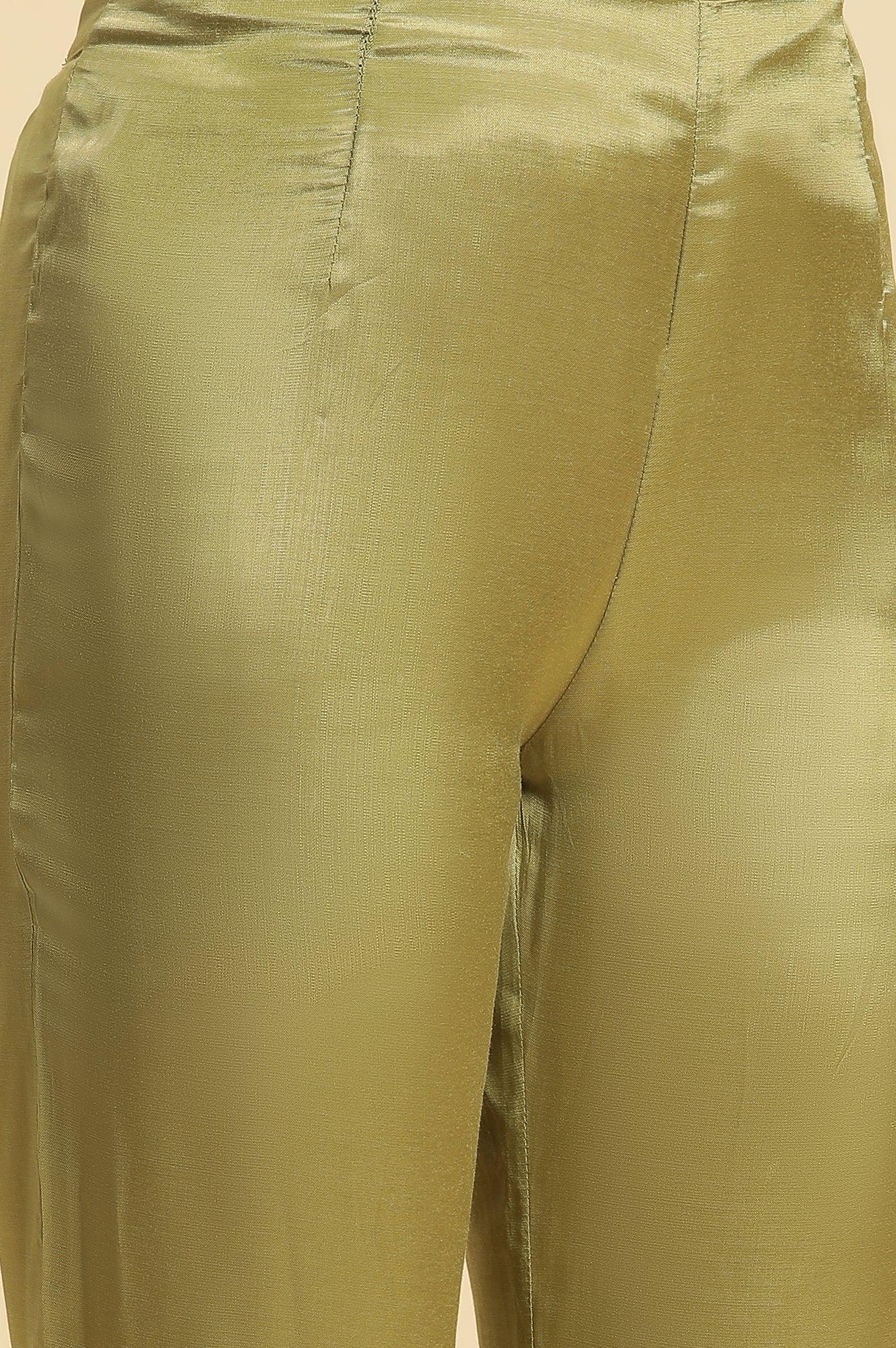 Green Solid Slim Pants With Organza Insert - Image 6