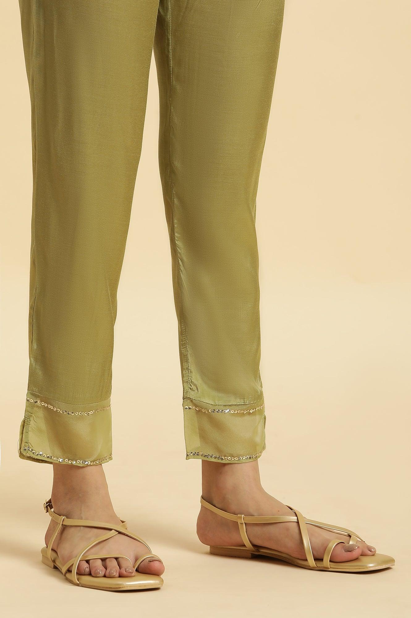 Green Solid Slim Pants With Organza Insert - Image 7