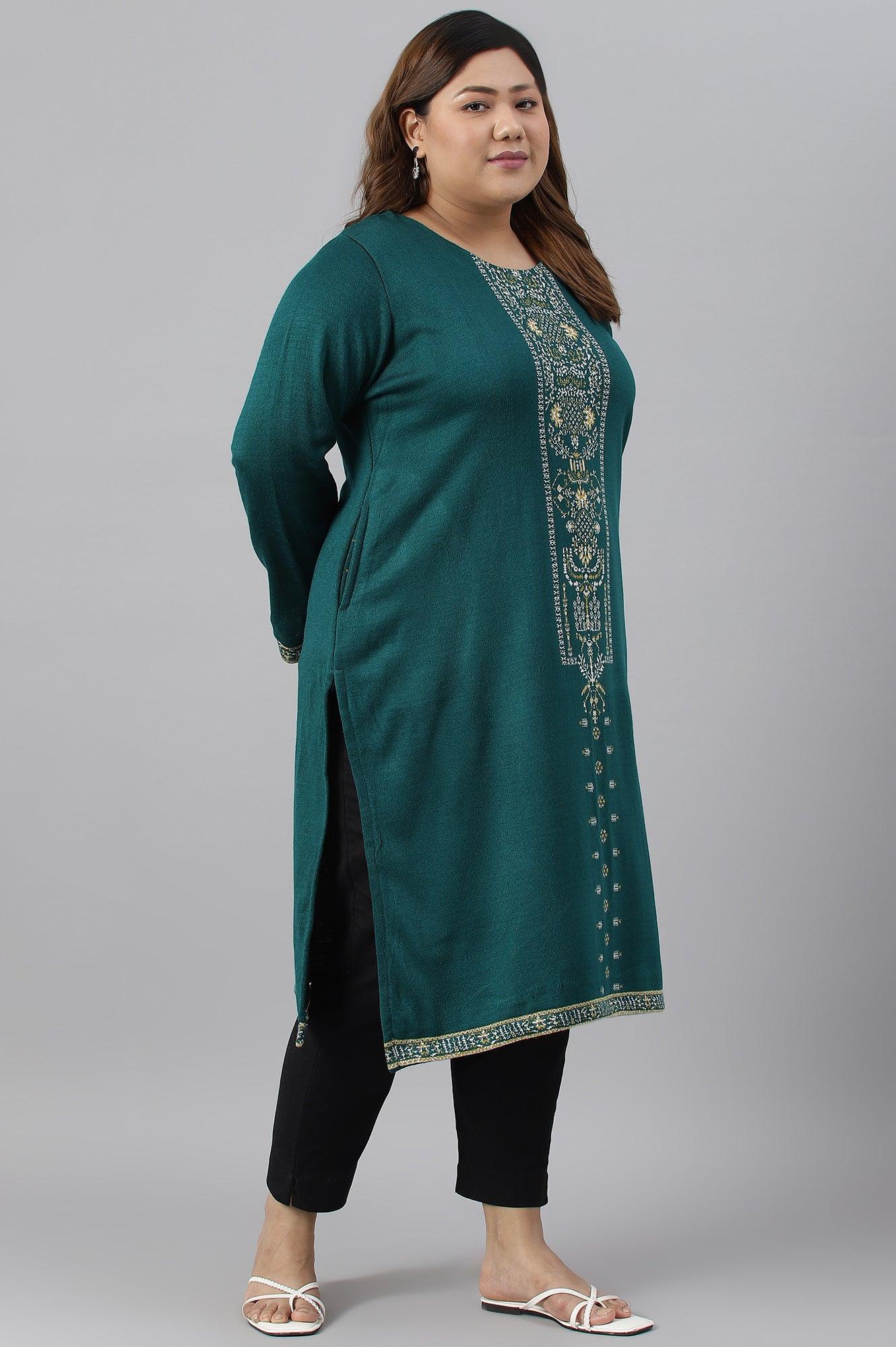 Green Straight Printed Plus Size Winter kurta - Image 3