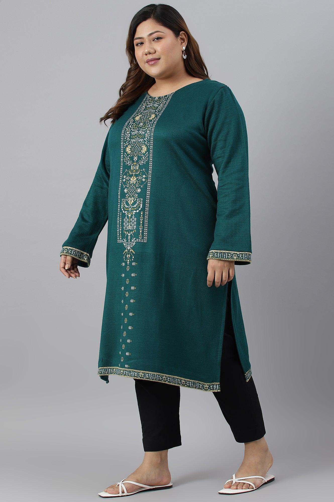 Green Straight Printed Plus Size Winter kurta - Image 4