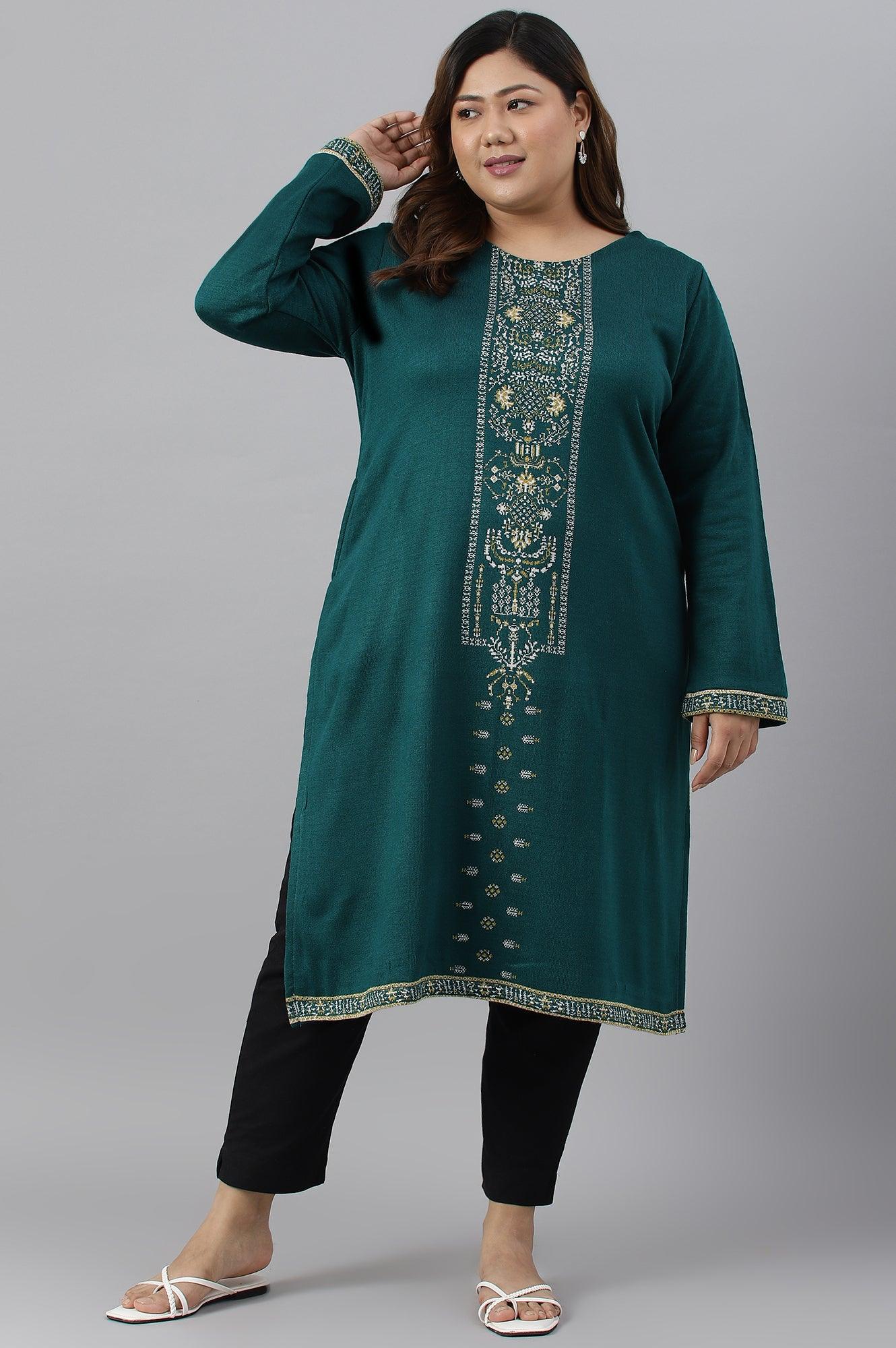 Green Straight Printed Plus Size Winter kurta - Image 6