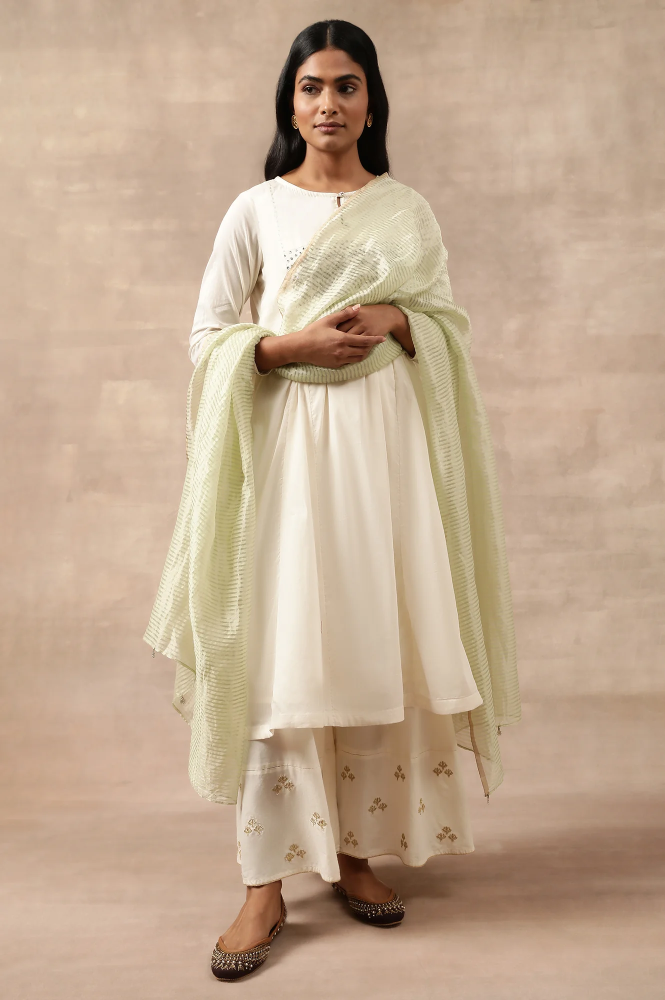 Green Striped Woven Gold Borders Silk Dupatta