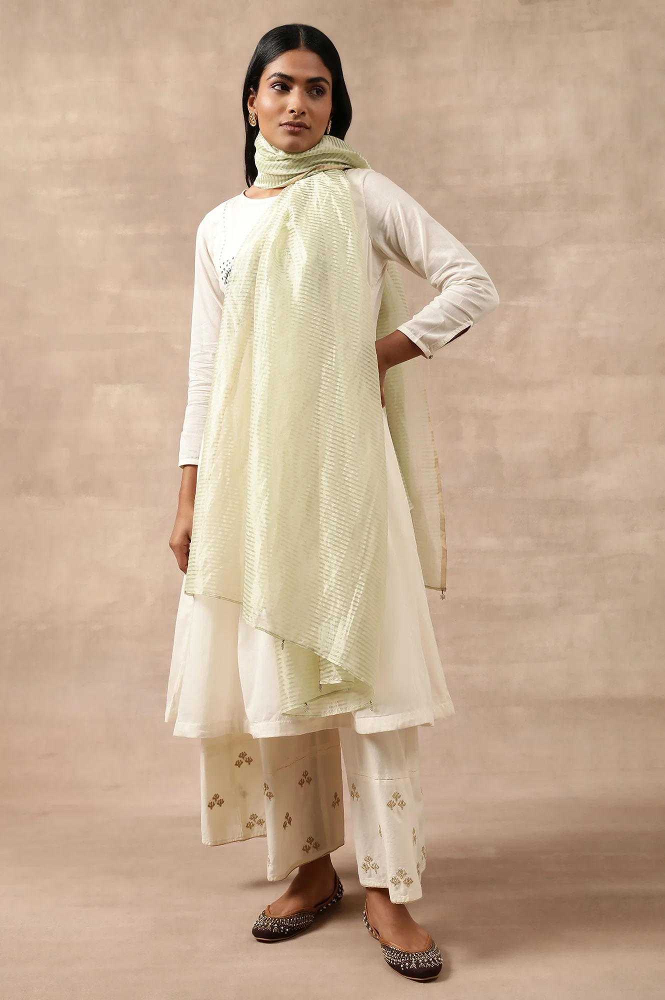 Green Striped Woven Gold Borders Silk Dupatta - Image 2