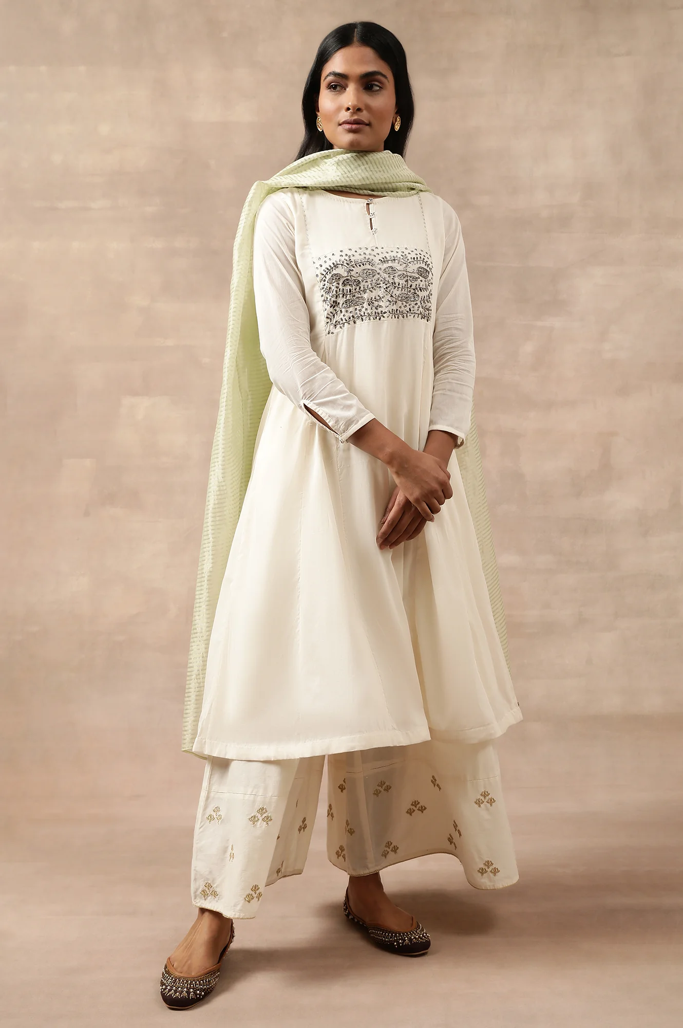 Green Striped Woven Gold Borders Silk Dupatta - Image 3