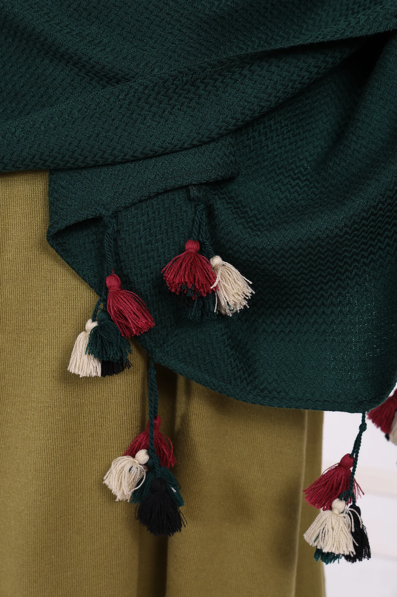 Green Textured Tasseled Acrowool Shawl - Image 5