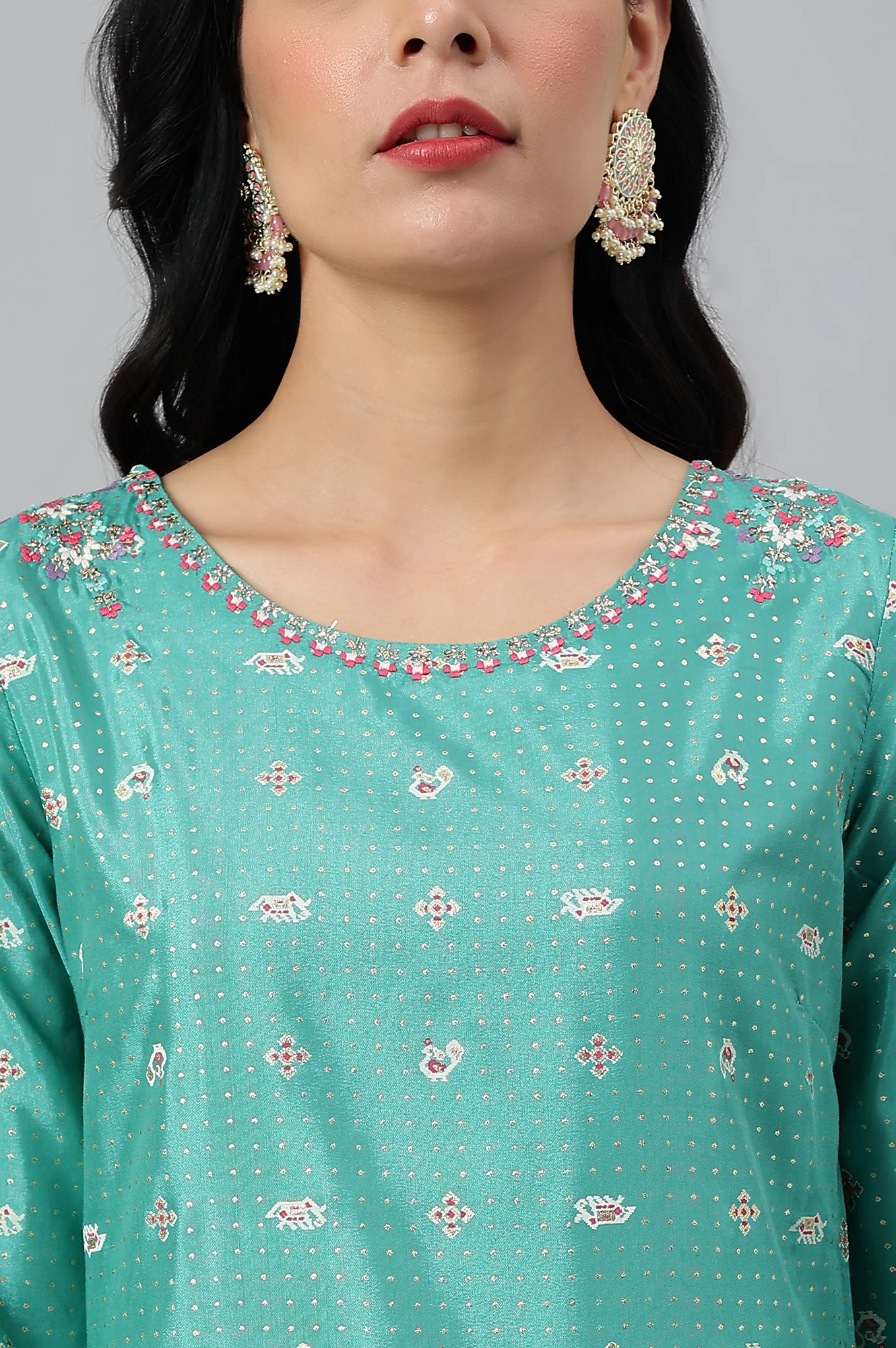 Green Thread Embroidery A-line Kurta and Slim Pant Set - Image 2