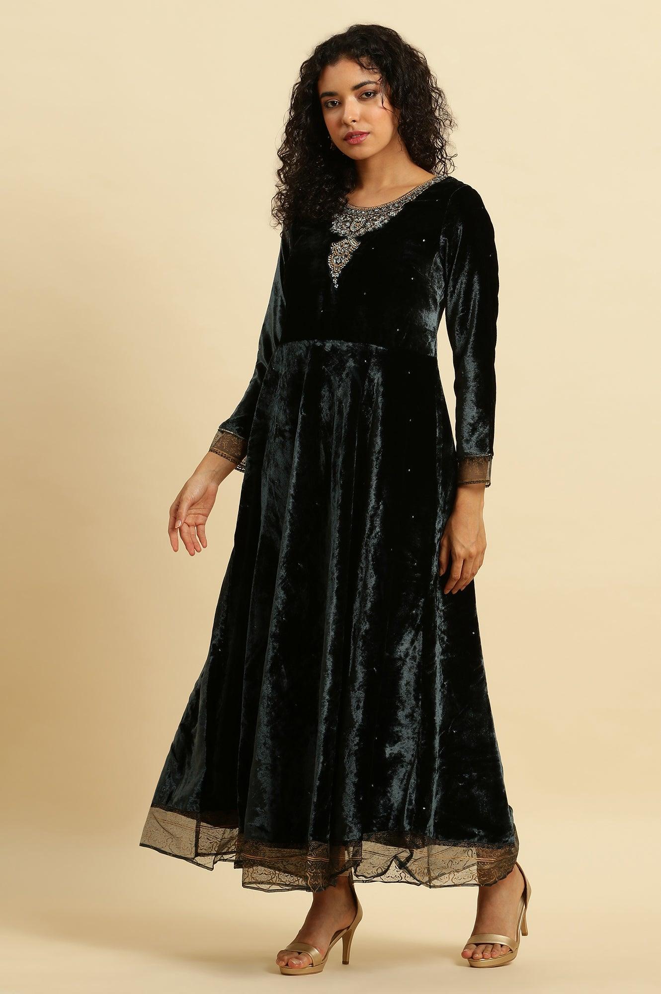 Green Velvet Embroidered Festive Dress - Image 2