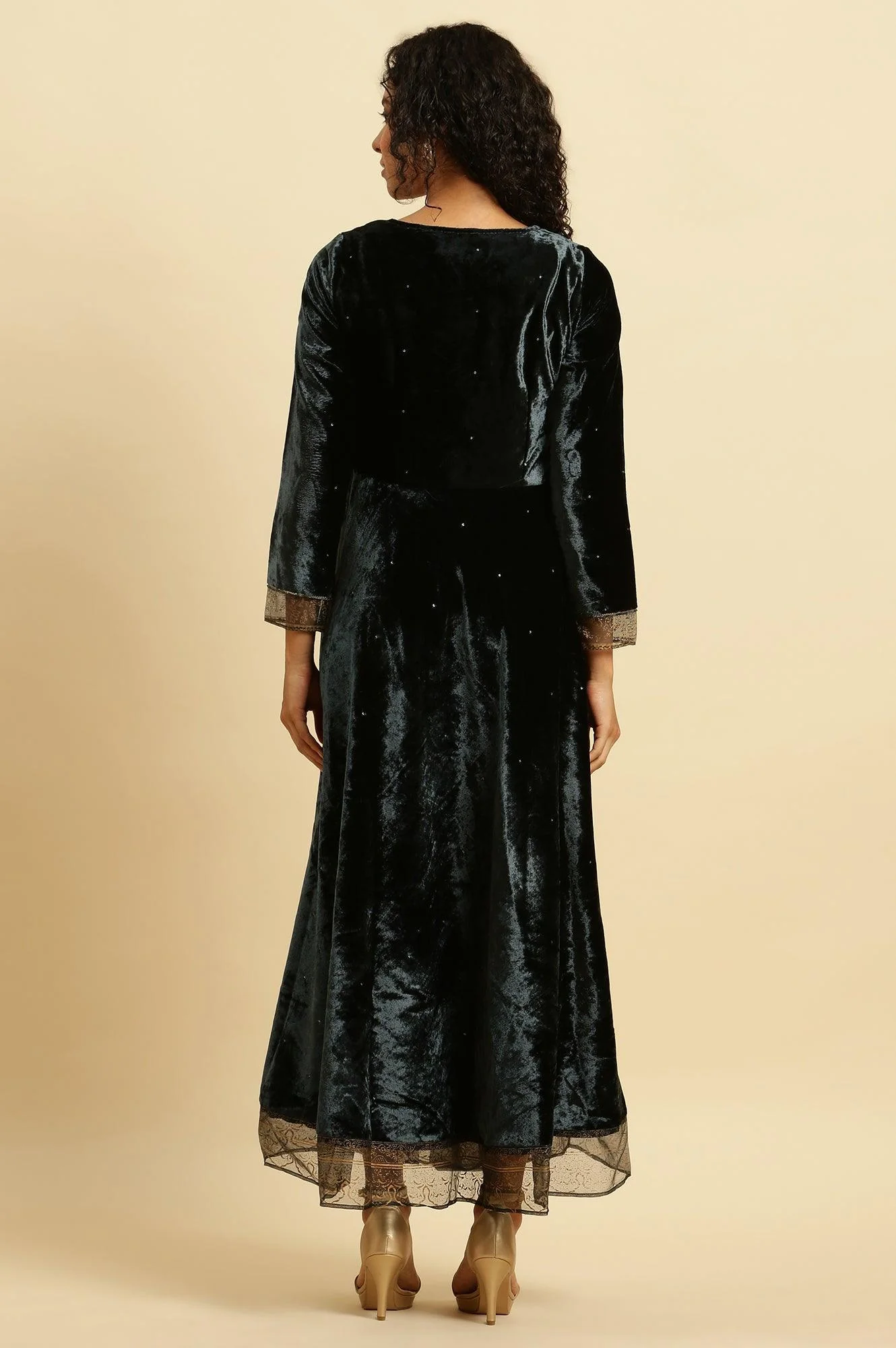 Green Velvet Embroidered Festive Dress - Image 3