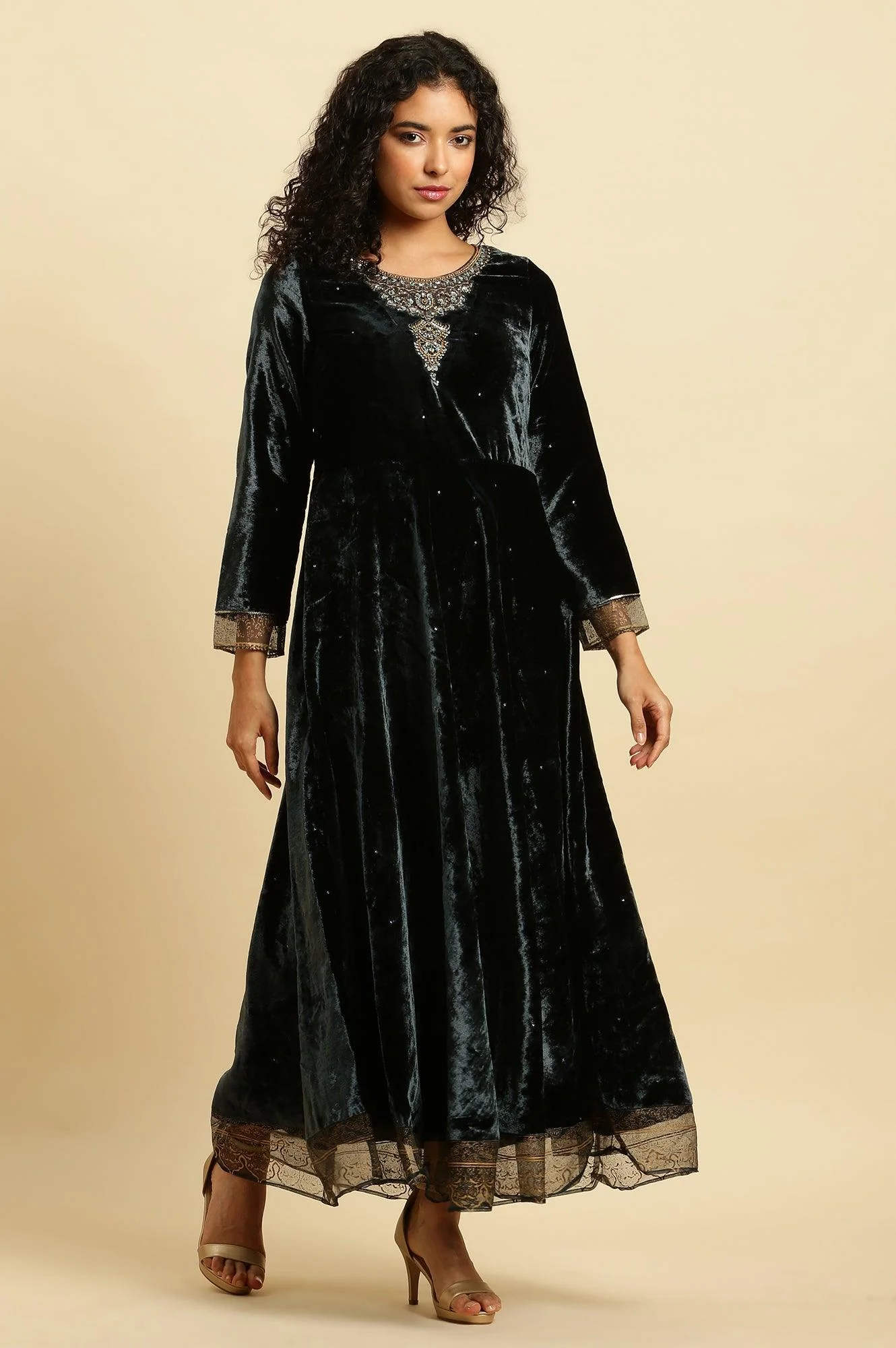 Green Velvet Embroidered Festive Dress - Image 4