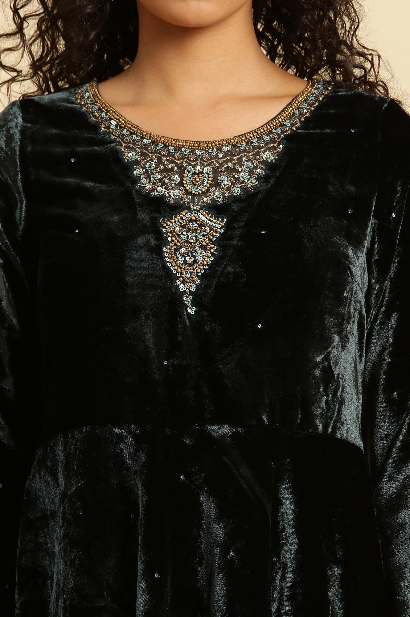 Green Velvet Embroidered Festive Dress - Image 5