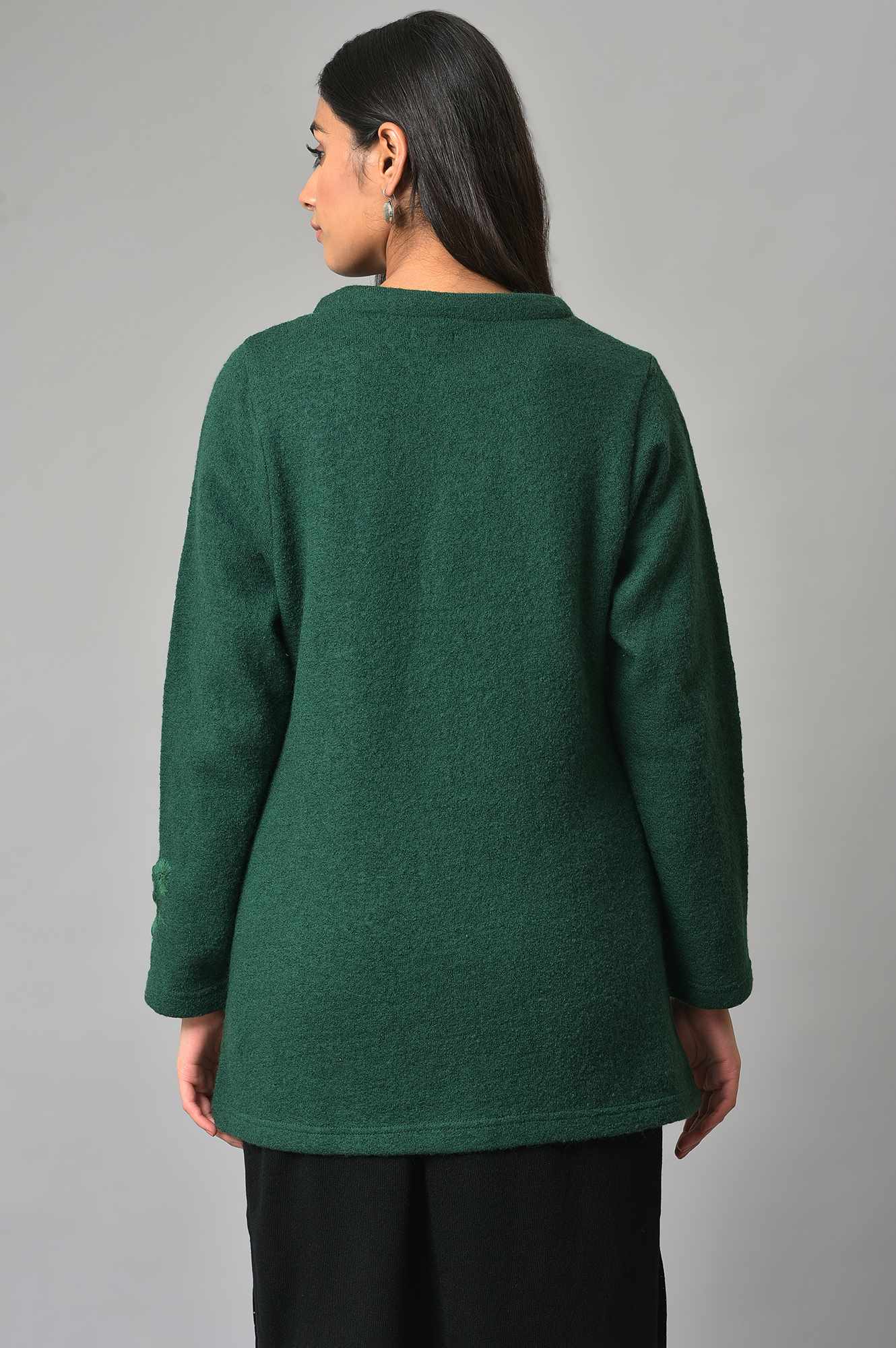 Green Woollen Short Winter Jacket - Image 2