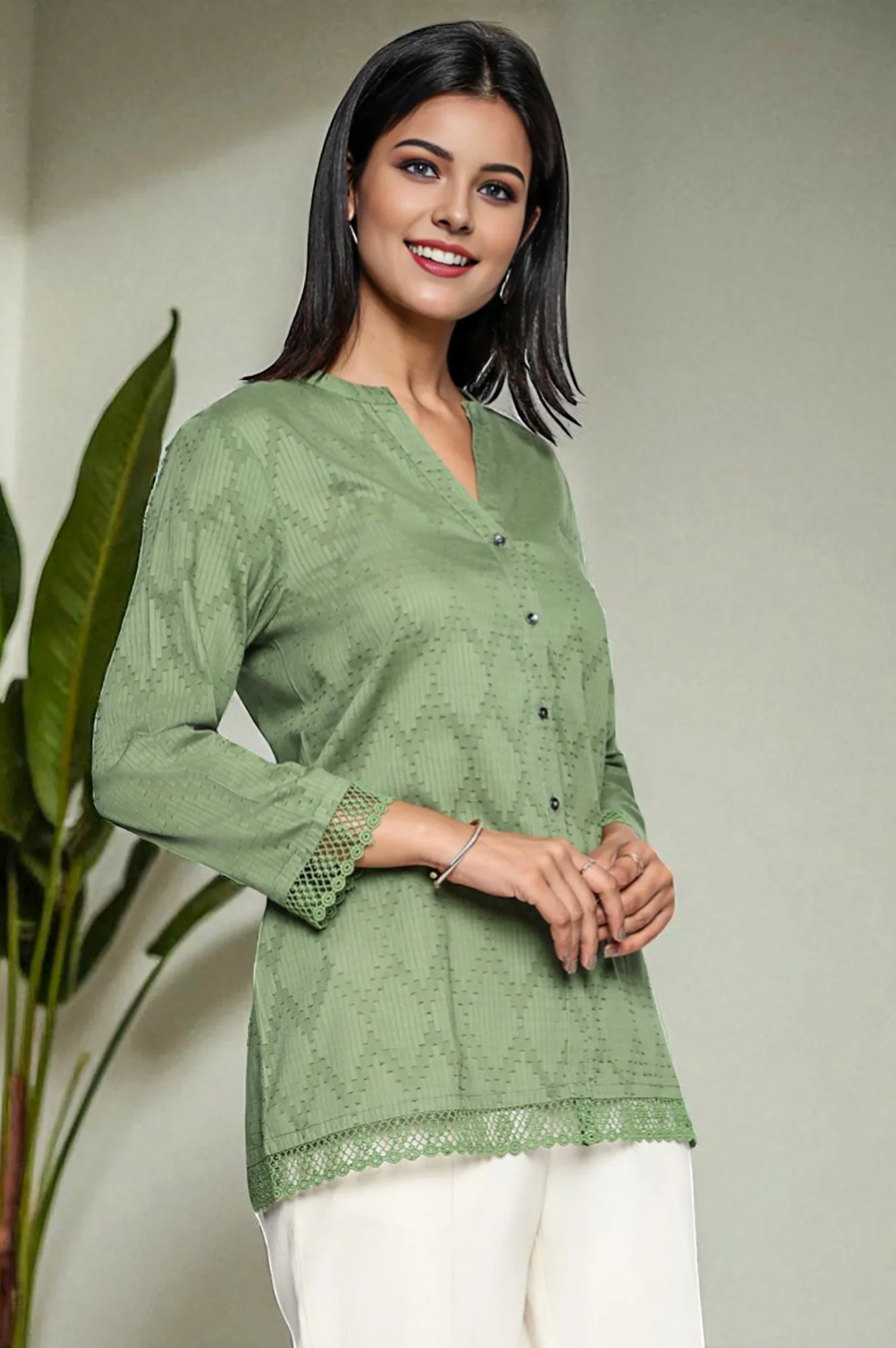 Green Yarn Dyed Printed Pure Cotton Straight Top - Image 6