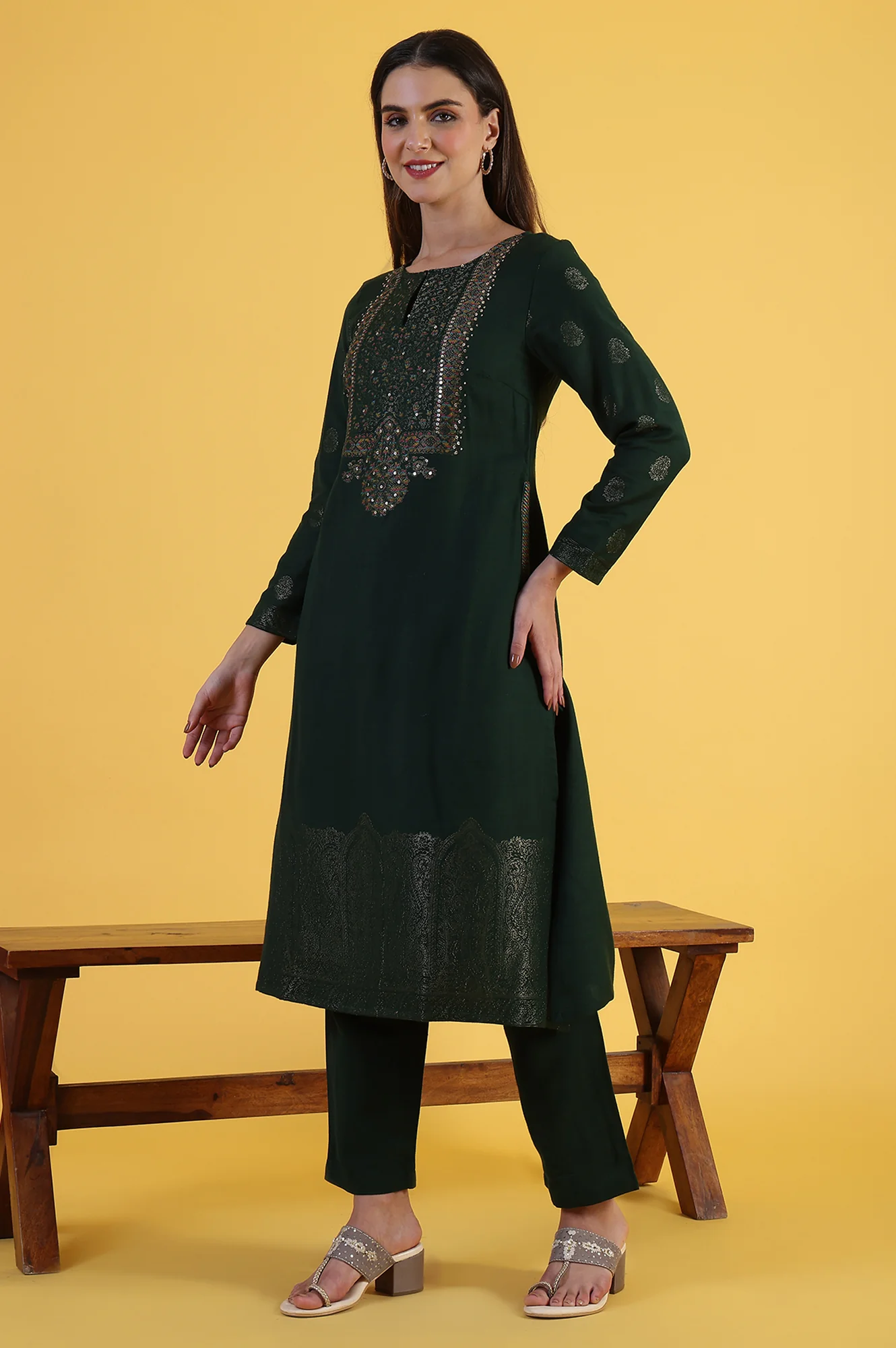 Green Yarn Dyed Sequins A-Line Kurta & Straight pant with Dupatta Set - Image 4