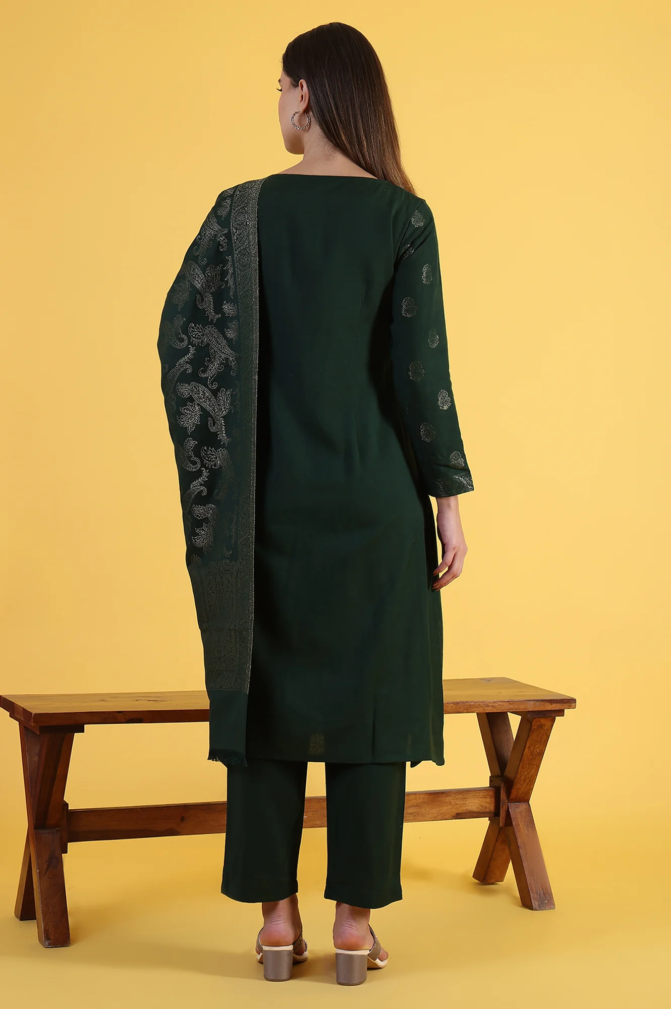 Green Yarn Dyed Sequins A-Line Kurta & Straight pant with Dupatta Set - Image 5