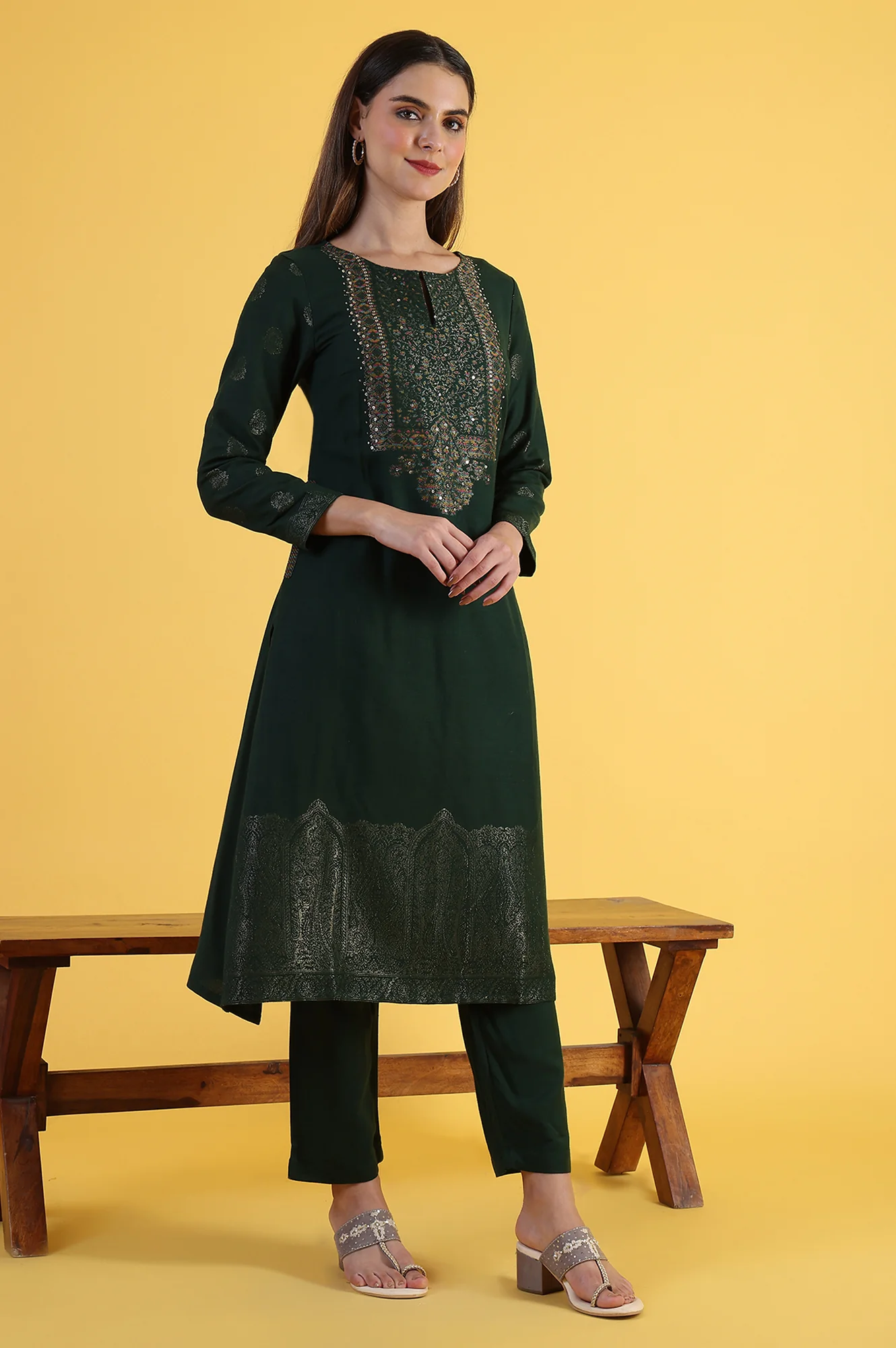 Green Yarn Dyed Sequins A-Line Kurta & Straight pant with Dupatta Set - Image 6