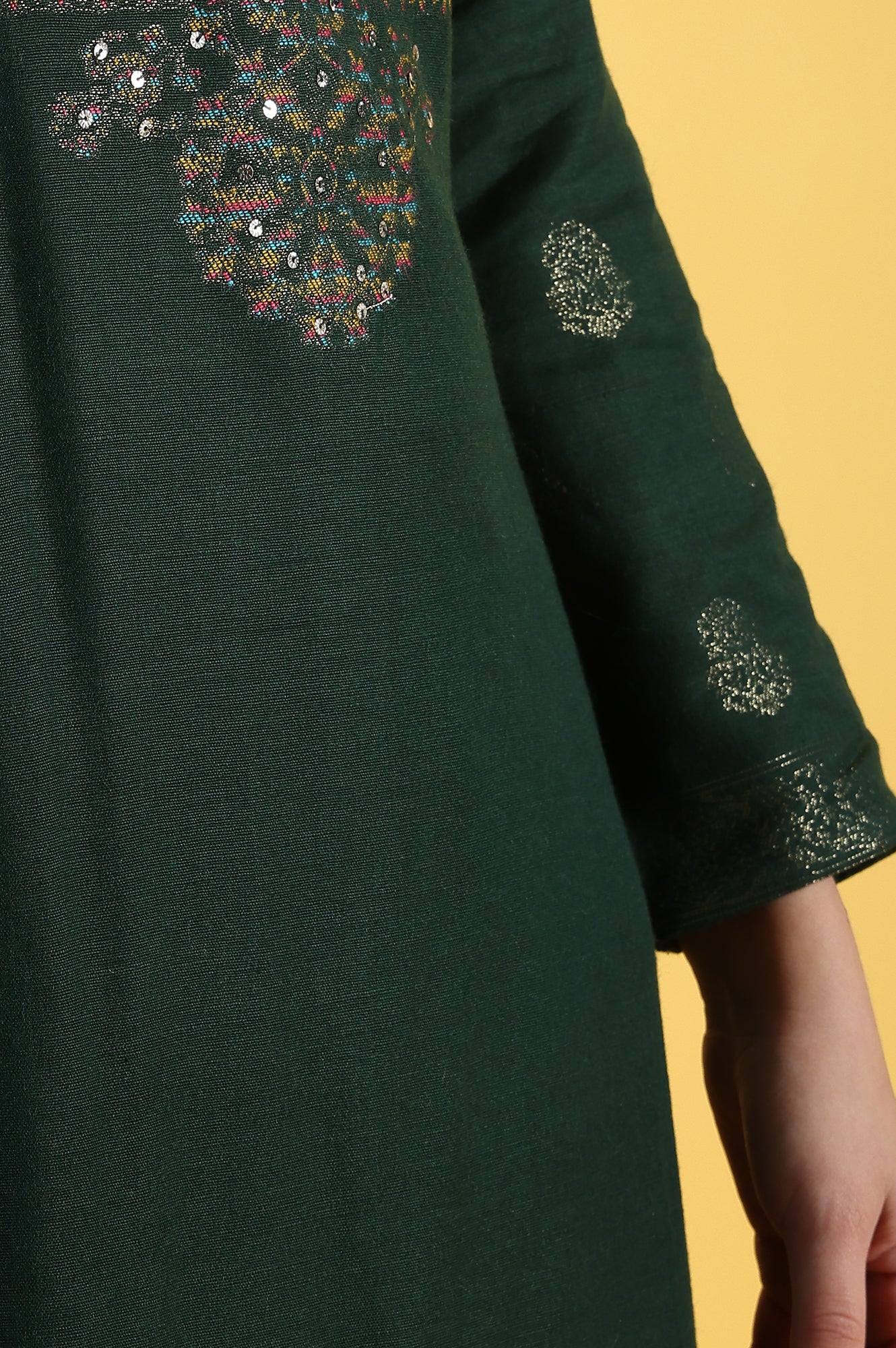 Green Yarn Dyed Sequins A-Line Kurta & Straight pant with Dupatta Set - Image 9