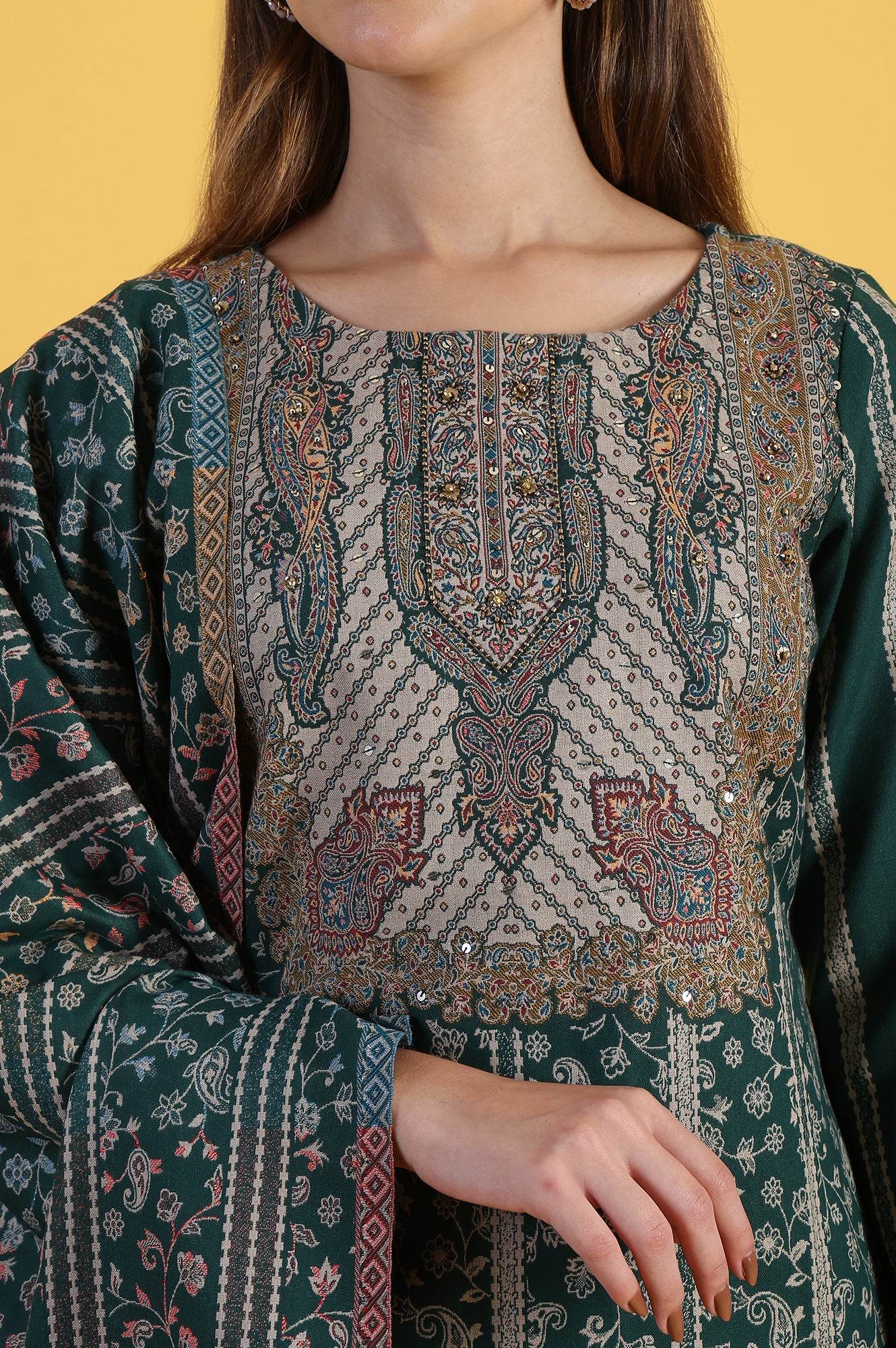 Green Yarn Dyed Sequins Straight Kurta & Straight pant with Dupatta Set - Image 3