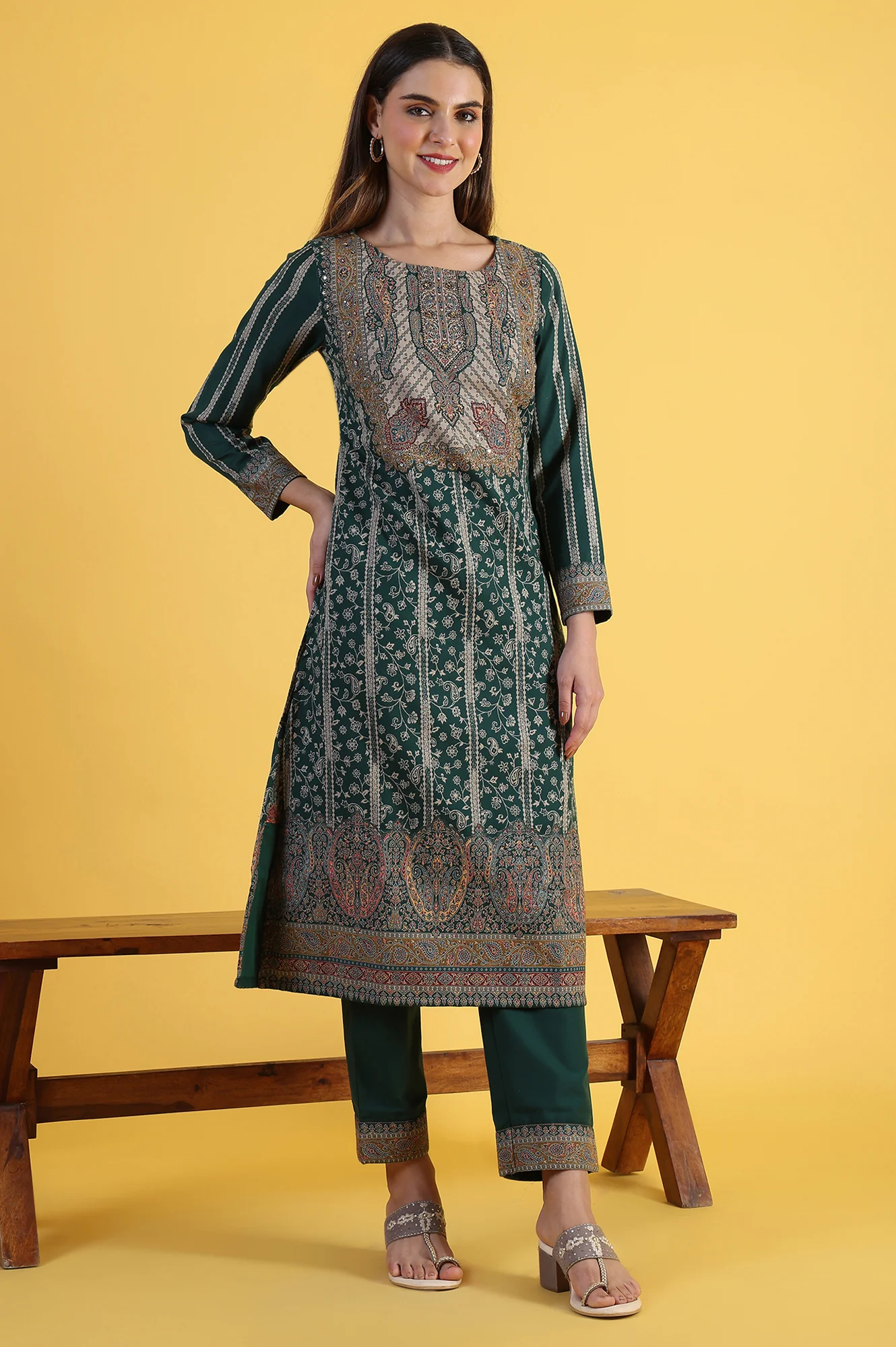Green Yarn Dyed Sequins Straight Kurta & Straight pant with Dupatta Set - Image 6