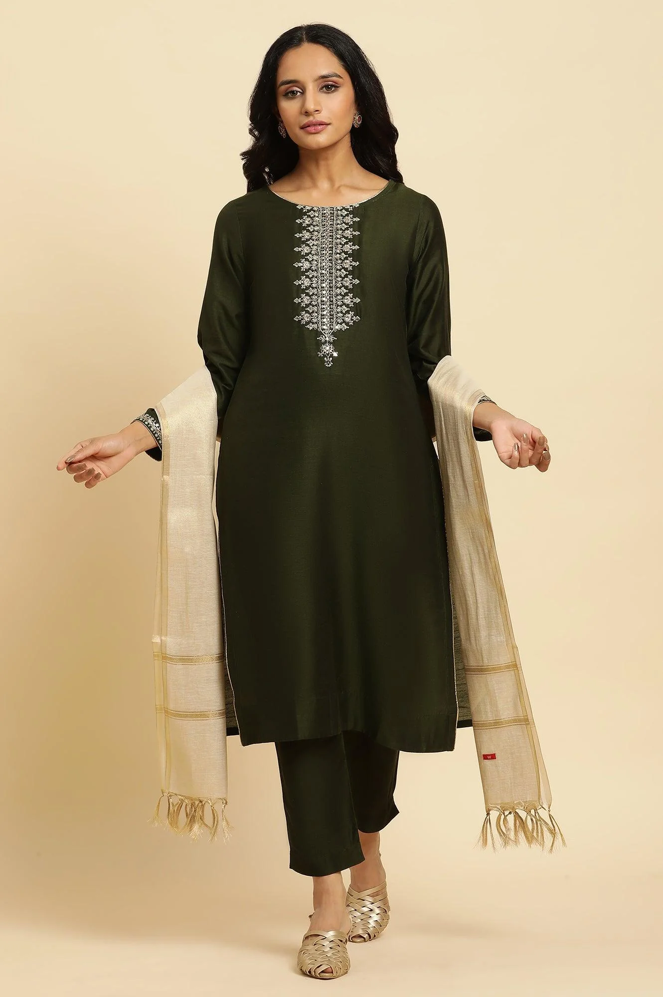 Green Zari Embroidered Straight Kurta, Pant And Dupatta Set - Image 2