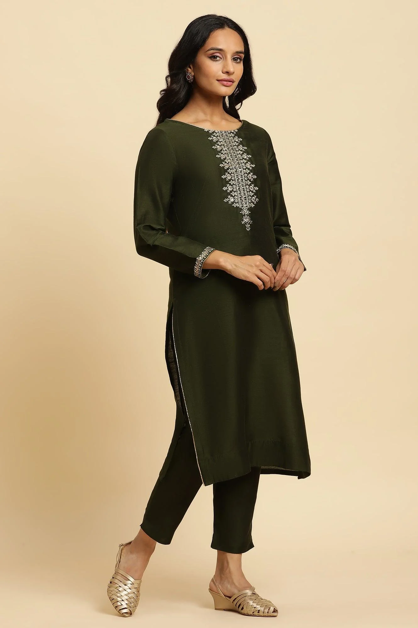 Green Zari Embroidered Straight Kurta, Pant And Dupatta Set - Image 5