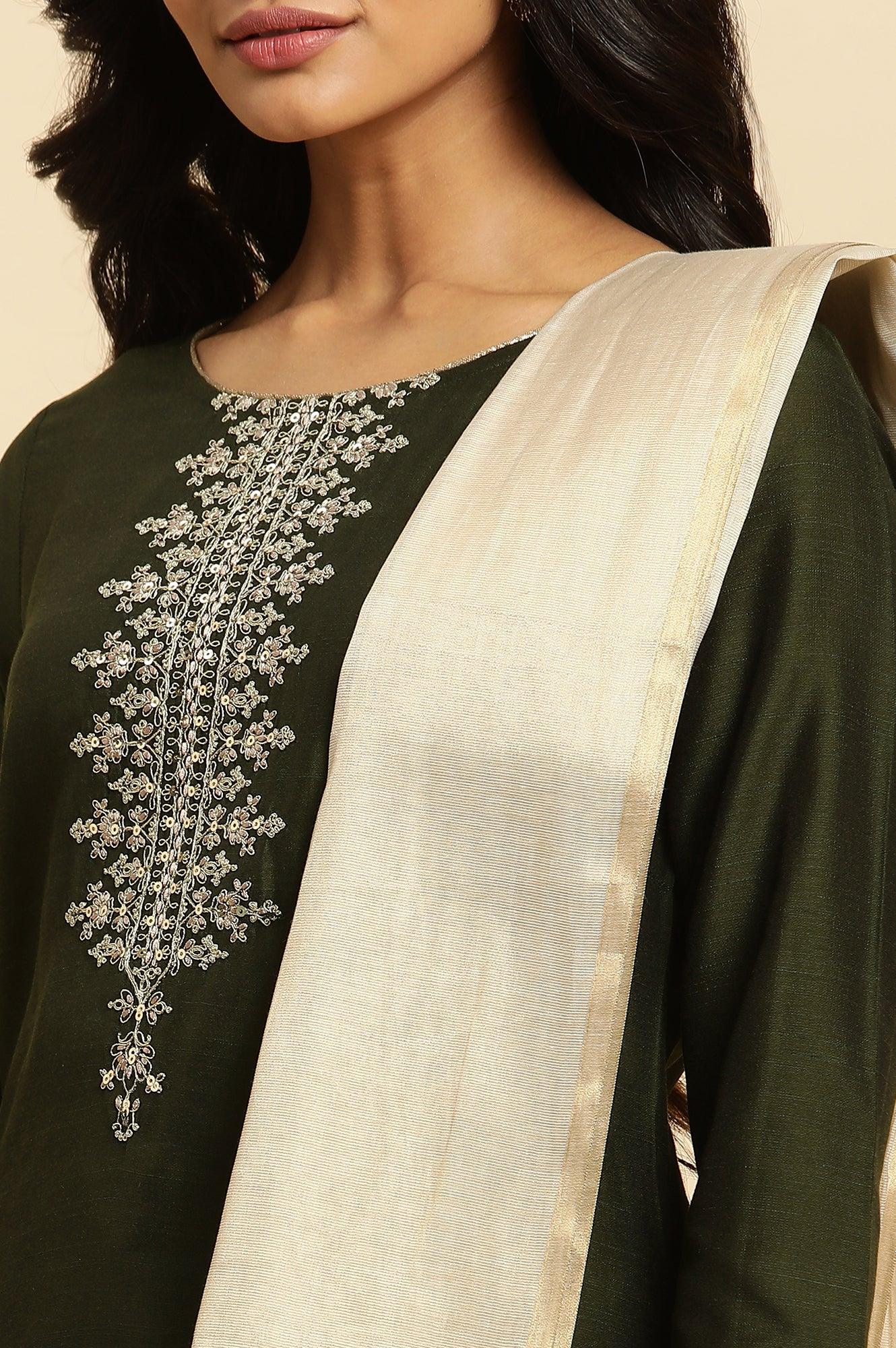 Green Zari Embroidered Straight Kurta, Pant And Dupatta Set - Image 6