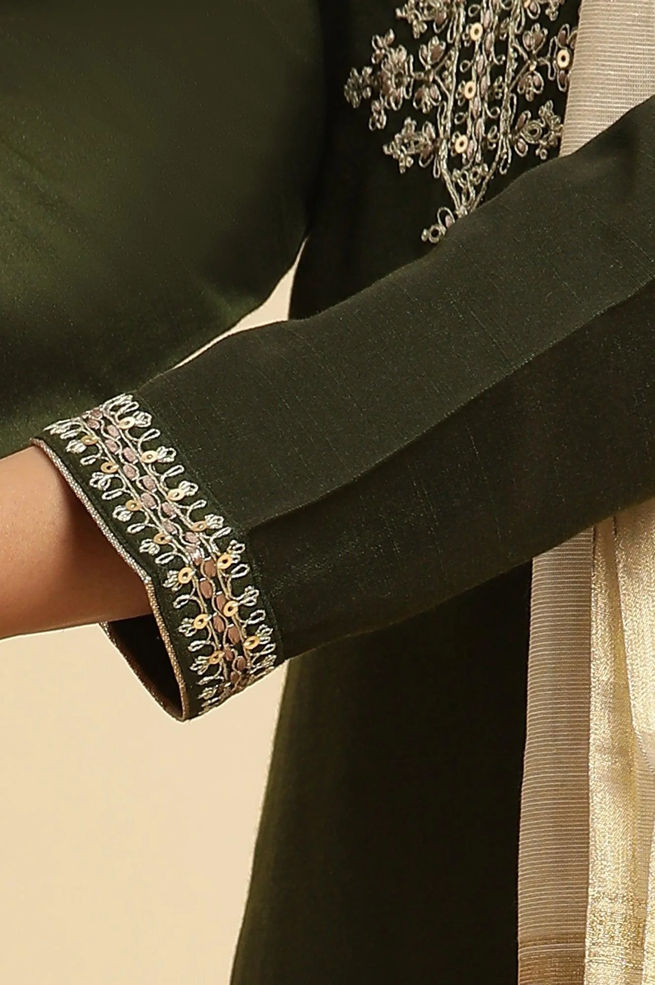 Green Zari Embroidered Straight Kurta, Pant And Dupatta Set - Image 7