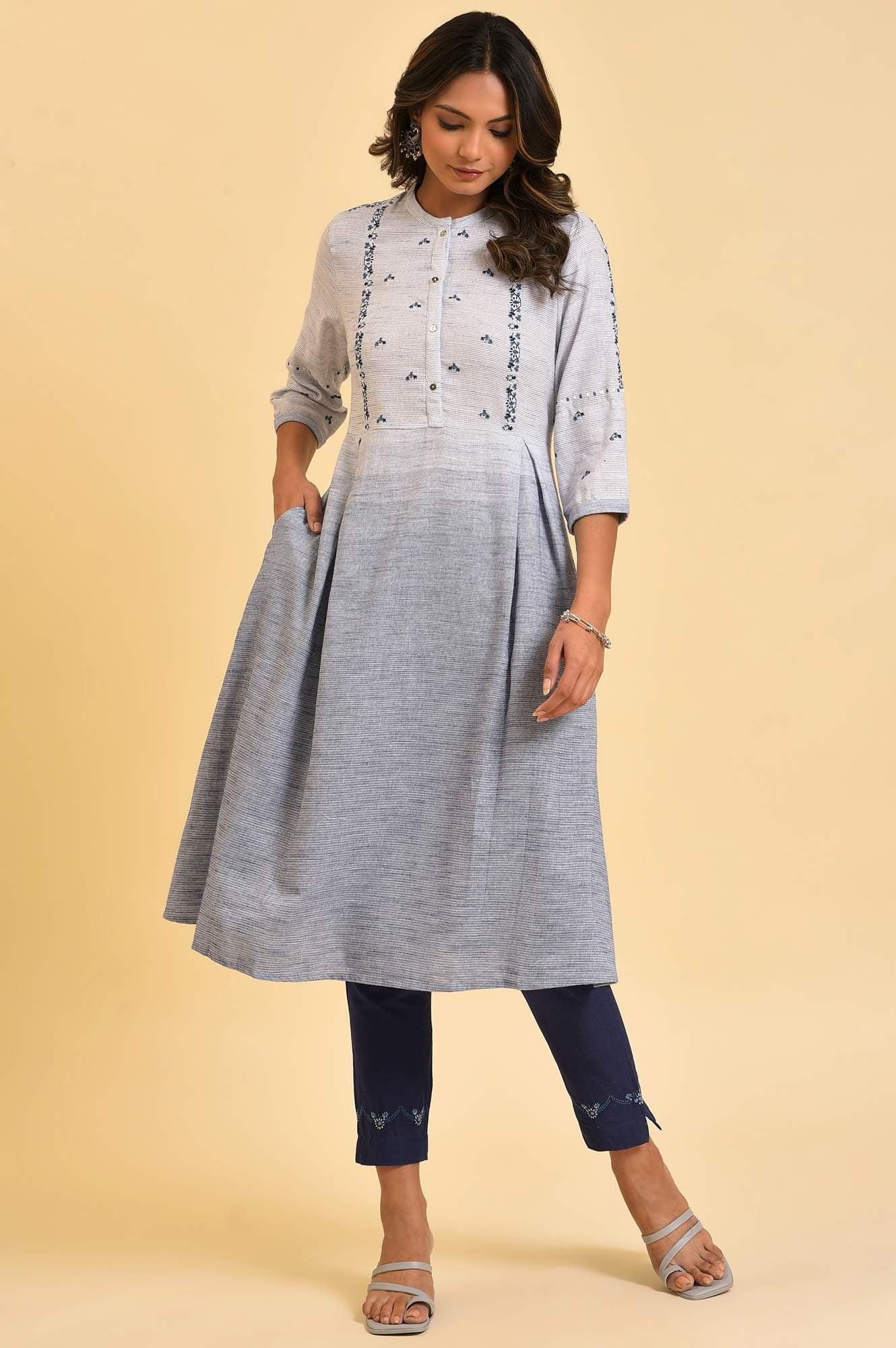 Grey And Blue Ombre A-Line Embroidered kurta - Image 2