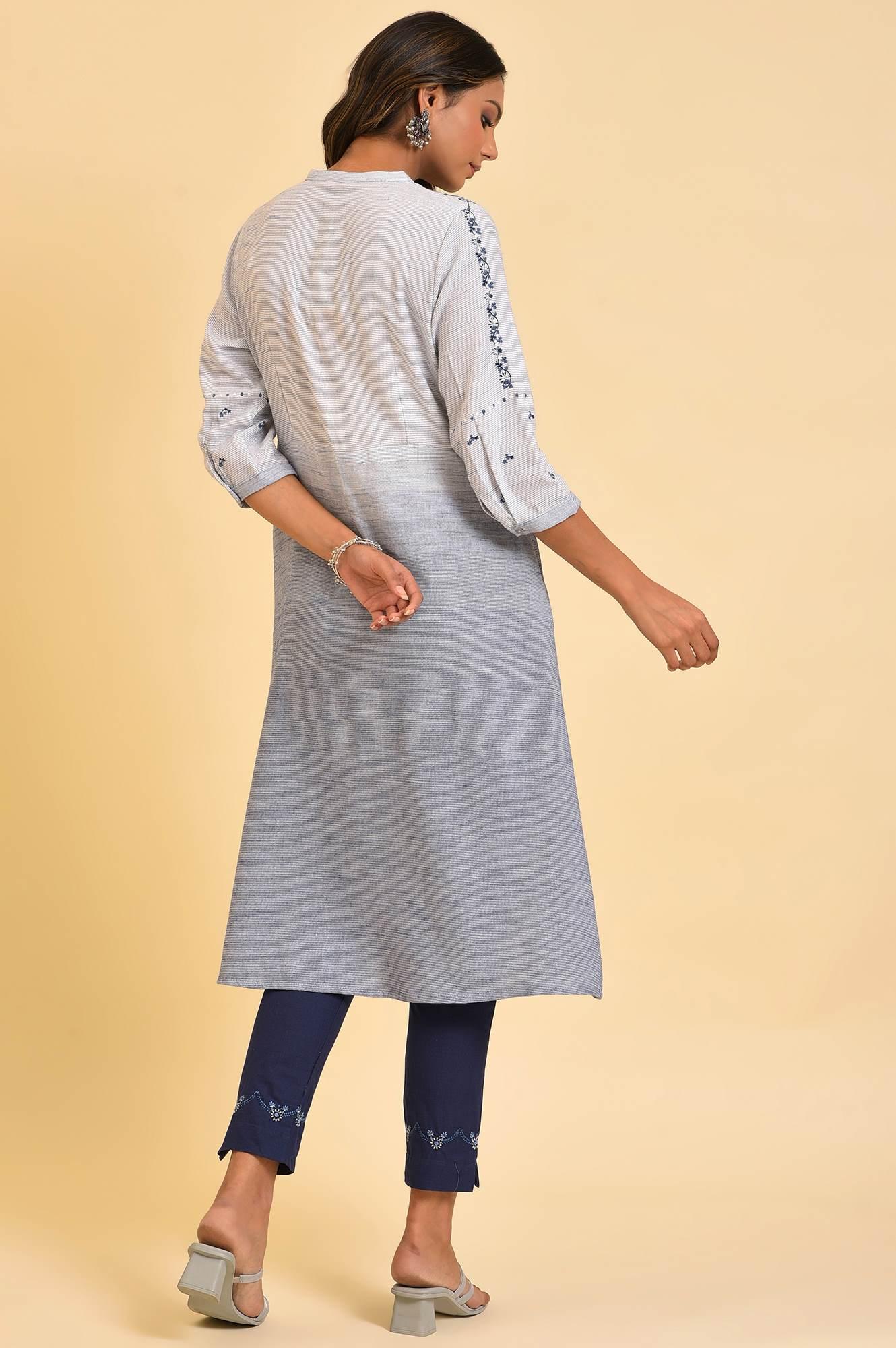 Grey And Blue Ombre A-Line Embroidered kurta - Image 3