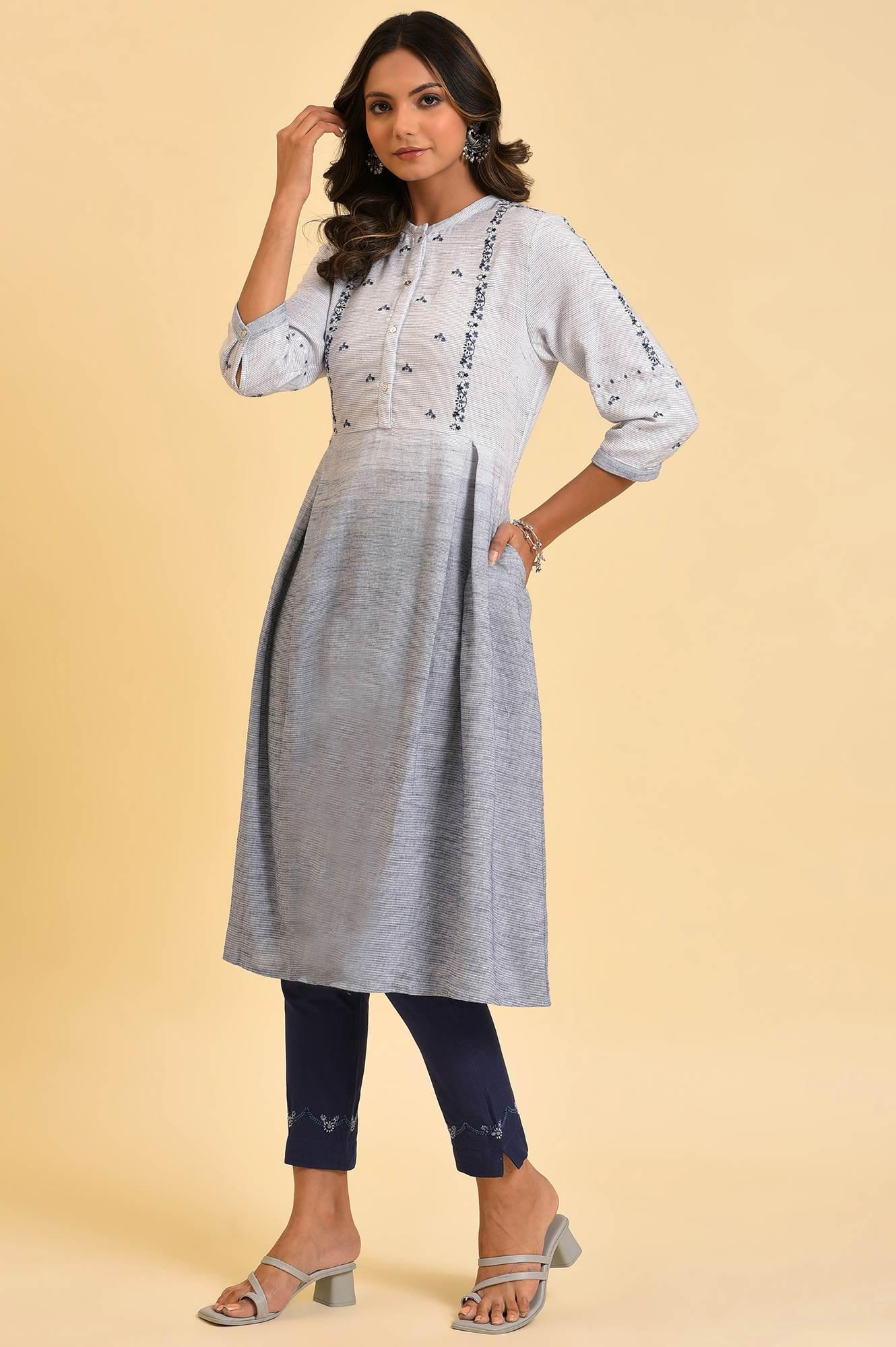 Grey And Blue Ombre A-Line Embroidered kurta - Image 4
