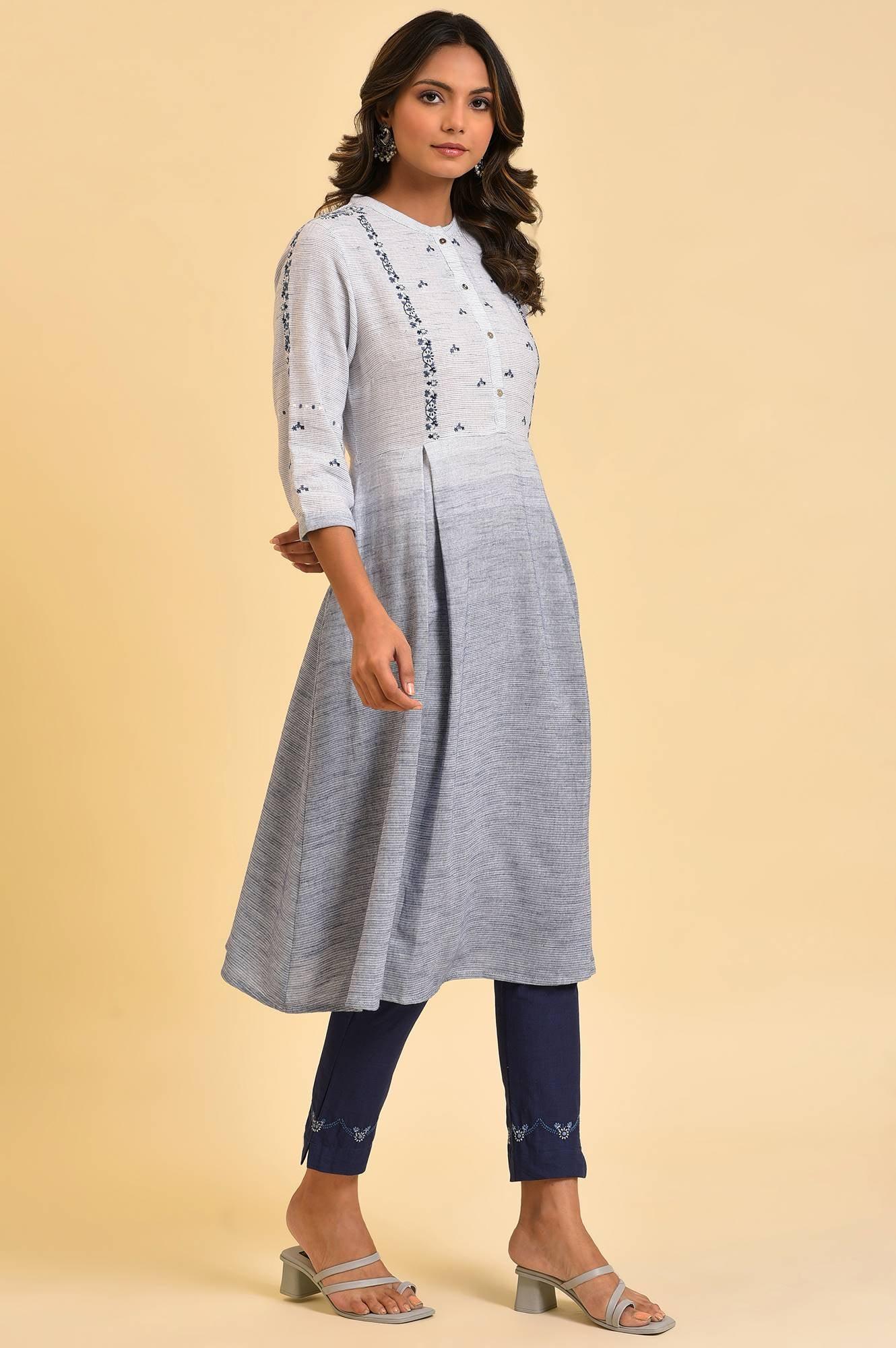 Grey And Blue Ombre A-Line Embroidered kurta - Image 5
