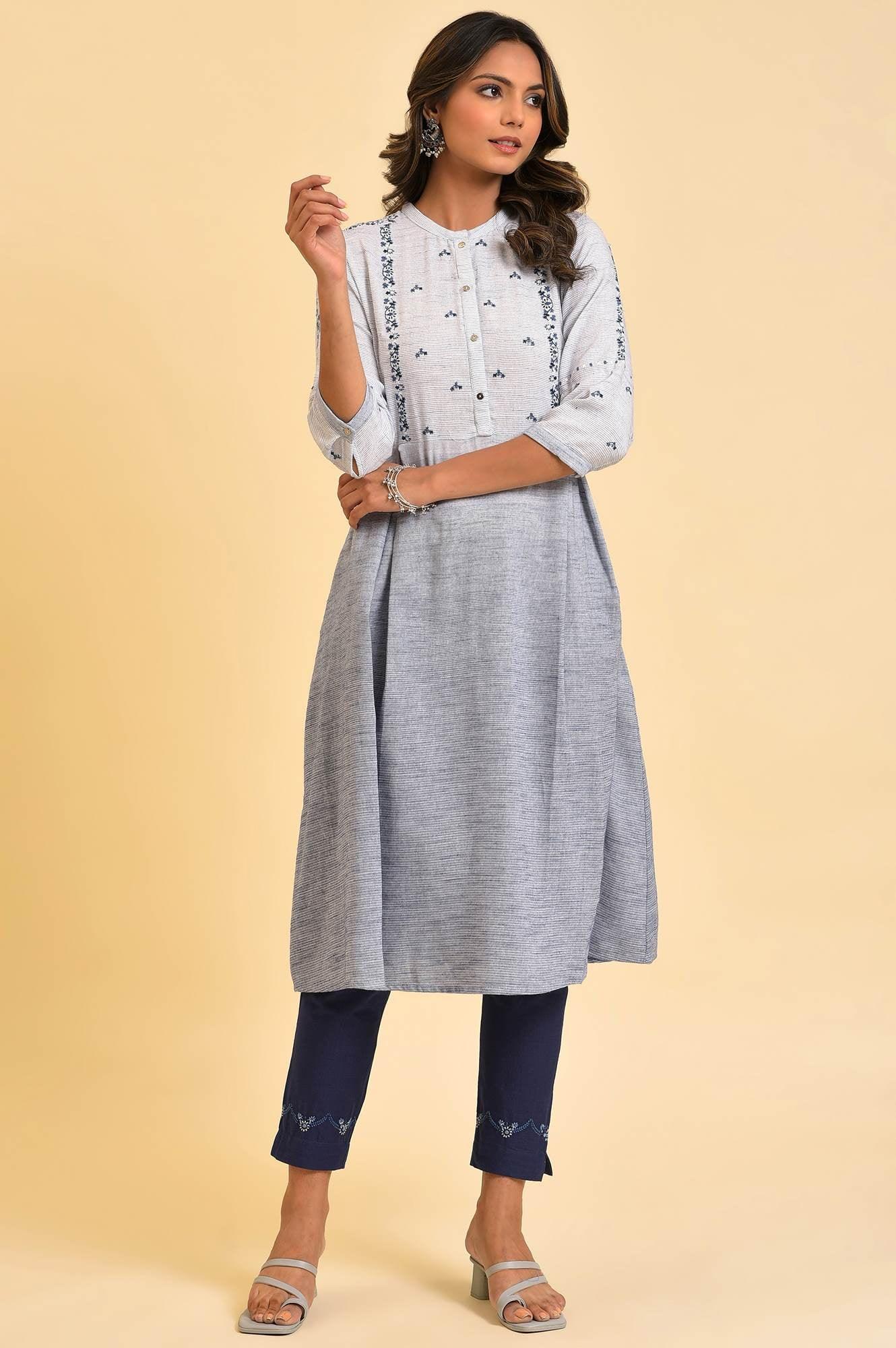 Grey And Blue Ombre A-Line Embroidered kurta - Image 7