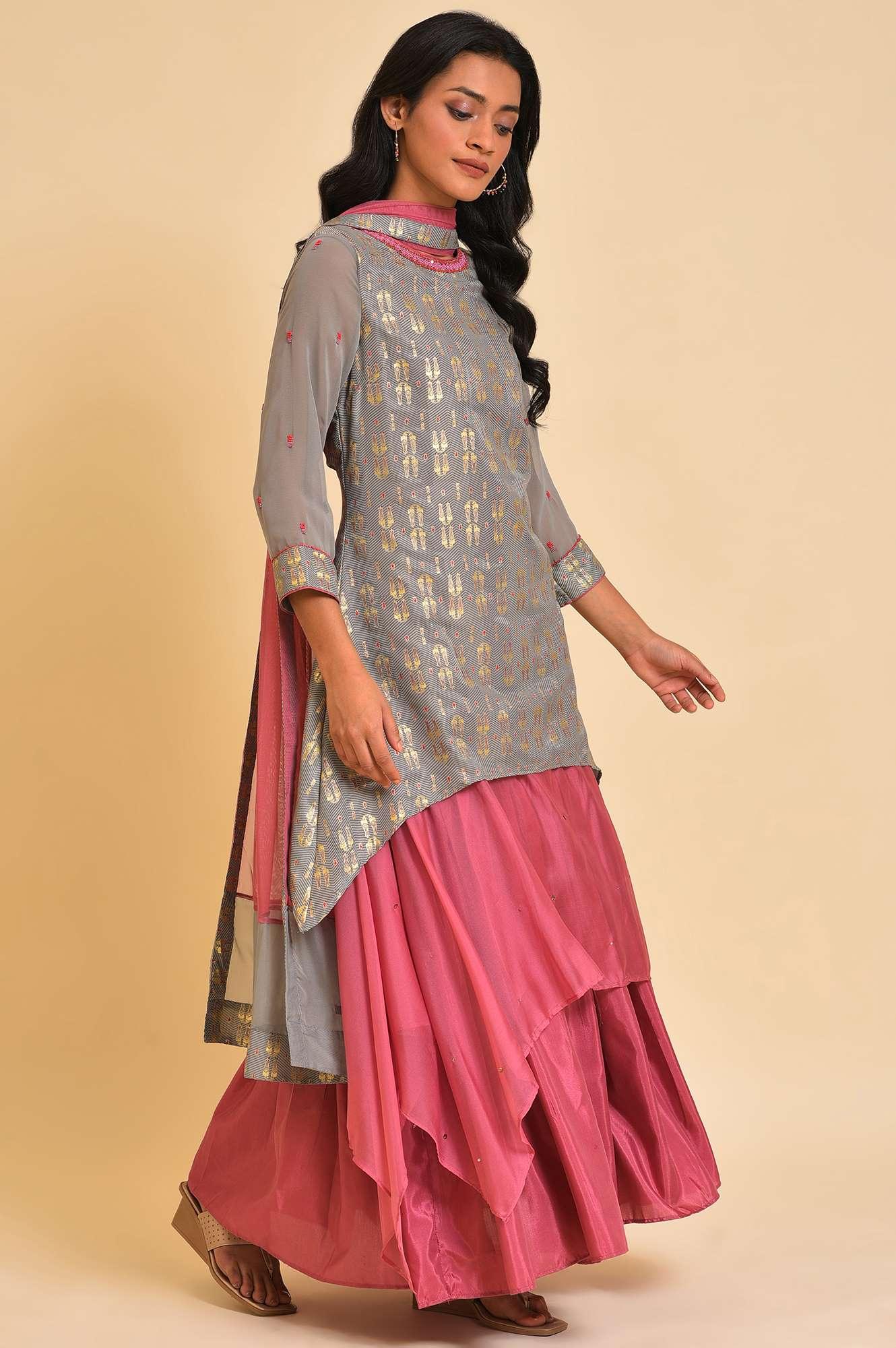 Grey And Pink Layered Asymmetric Dress & Dupatta Set - Image 4