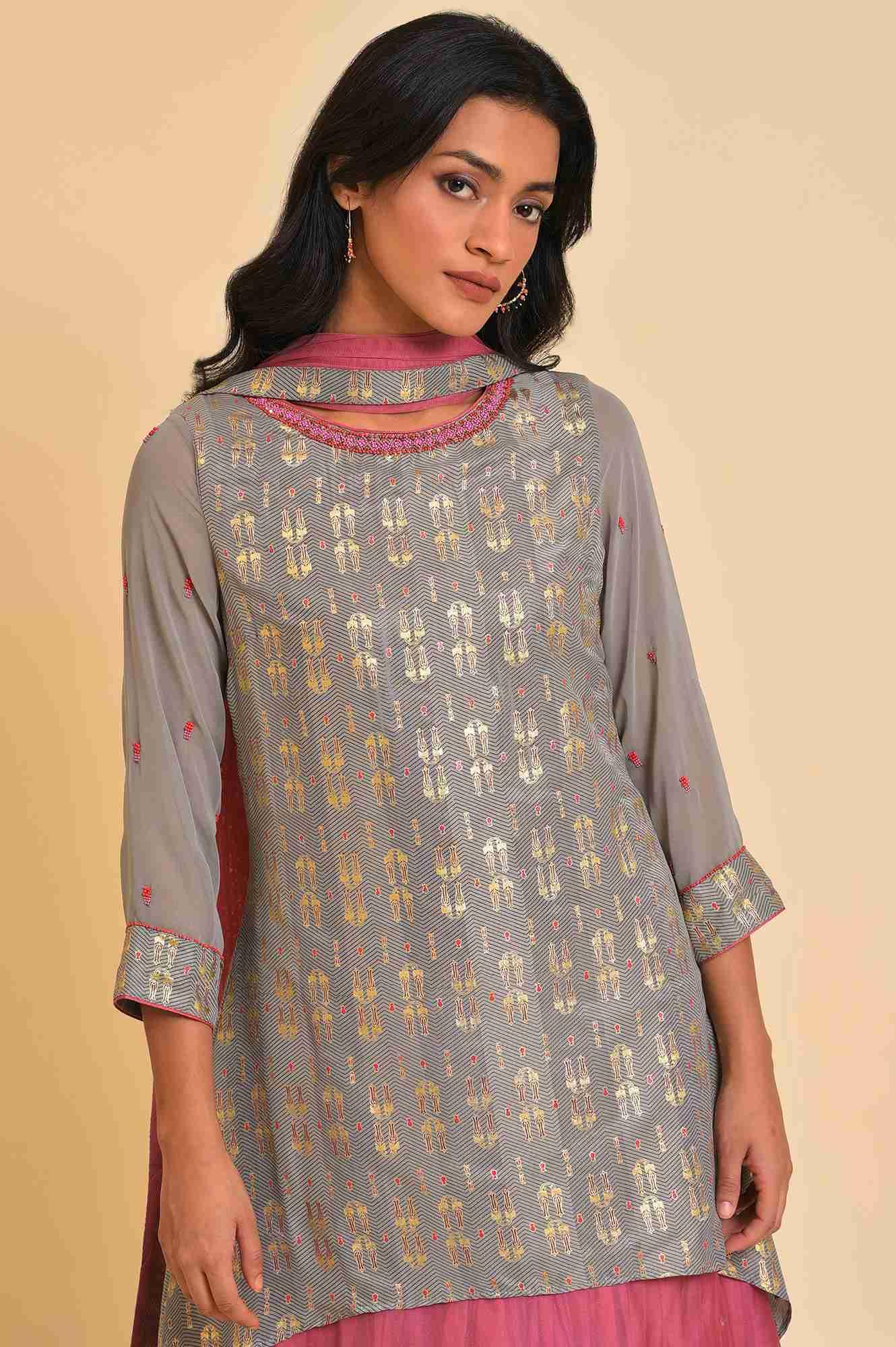 Grey And Pink Layered Asymmetric Dress & Dupatta Set - Image 5