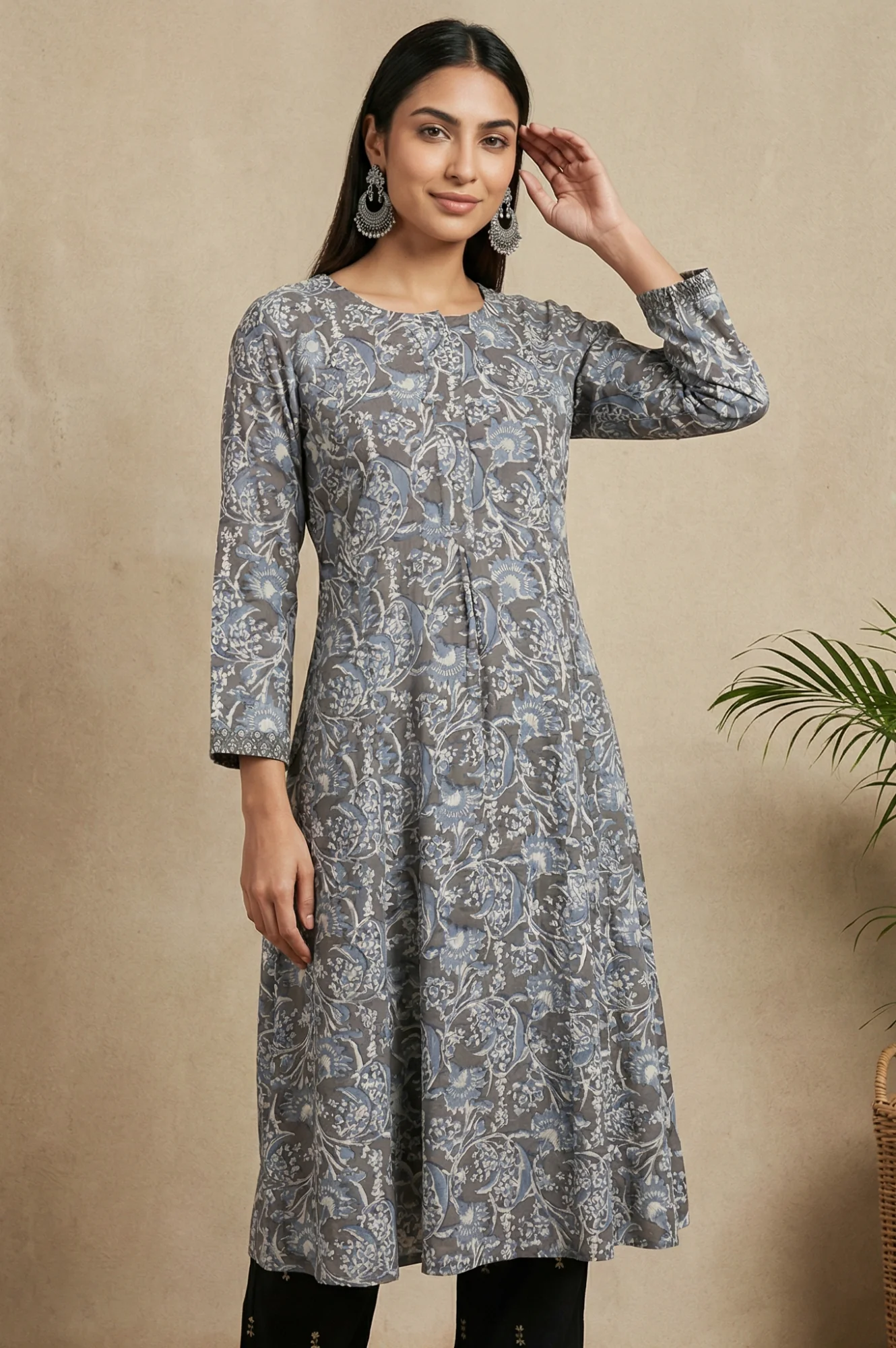 Grey Beadwork Block Printed Rayon Flared Kurta - Image 3