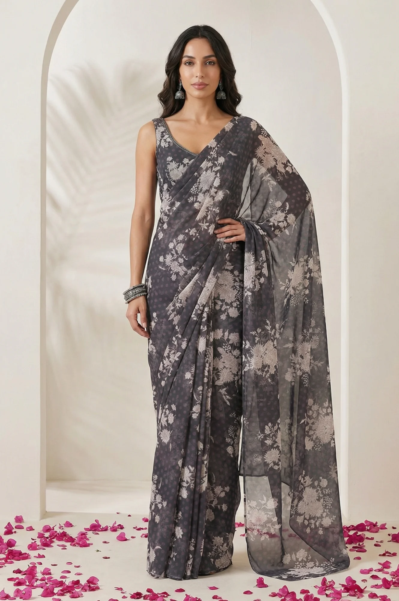Grey Beadwork Floral Printed Stitched Blouse with Predrape Saree