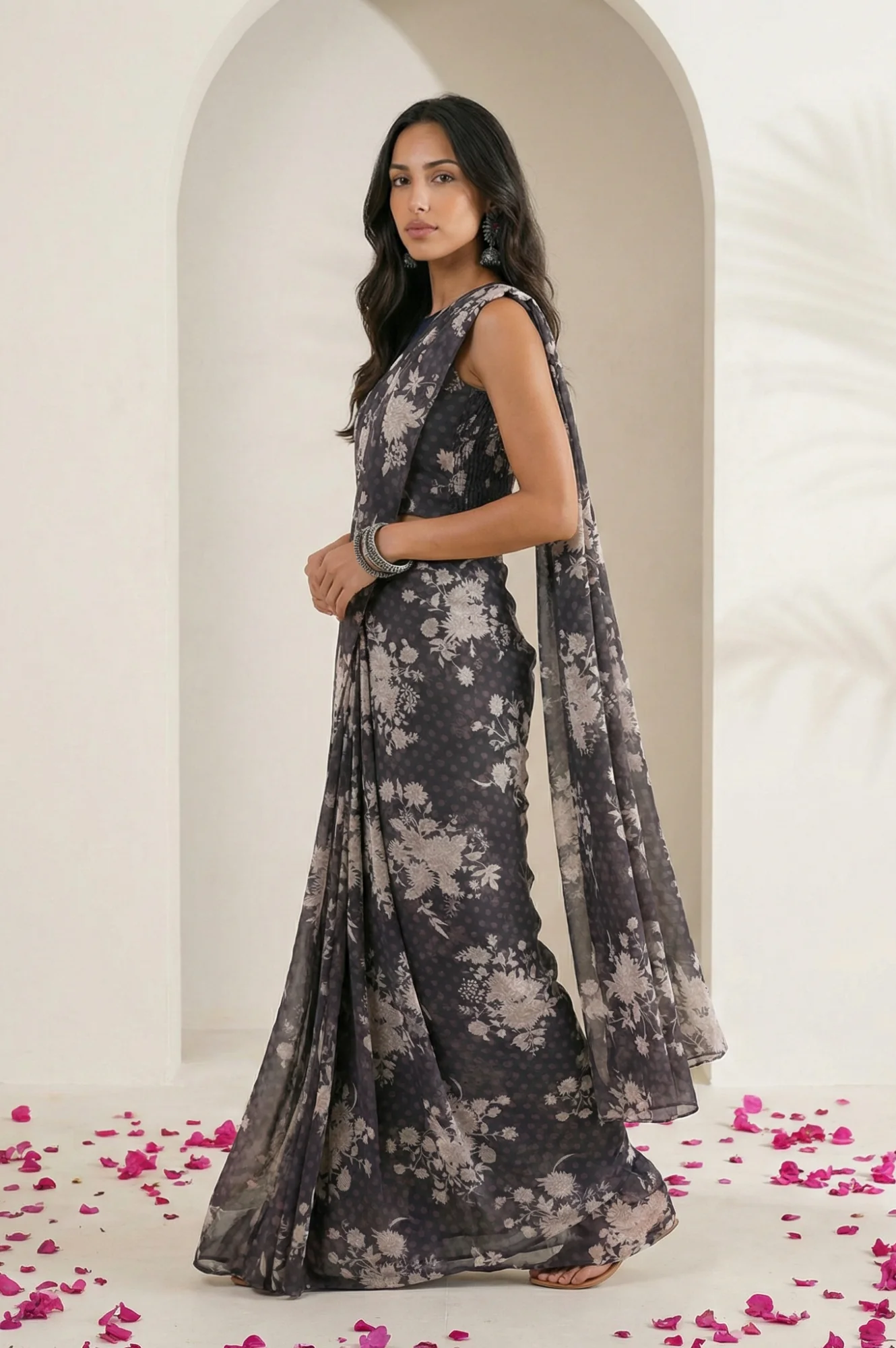 Grey Beadwork Floral Printed Stitched Blouse with Predrape Saree - Image 3