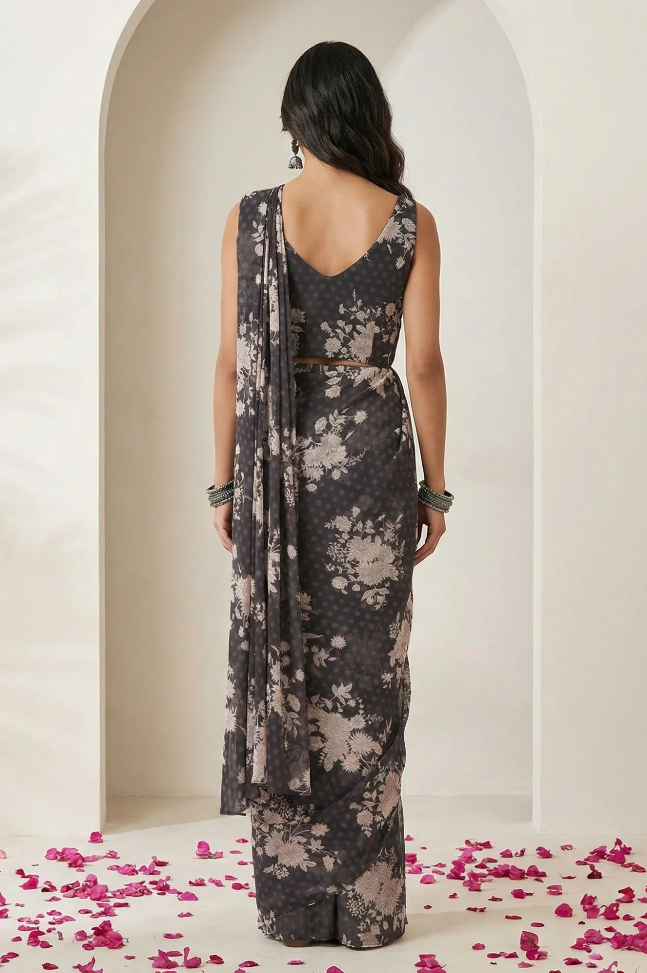 Grey Beadwork Floral Printed Stitched Blouse with Predrape Saree - Image 4
