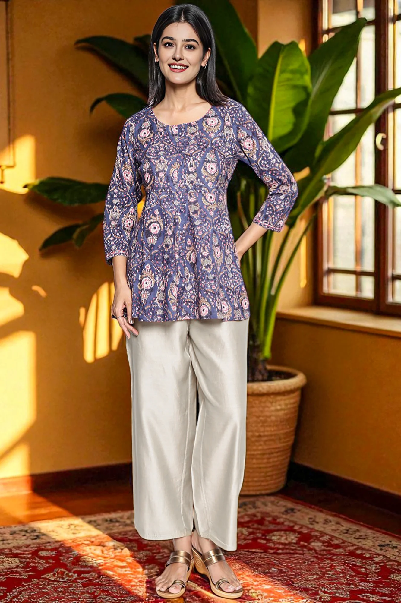 Grey Blue Printed Pure Cotton Flared Top - Image 2