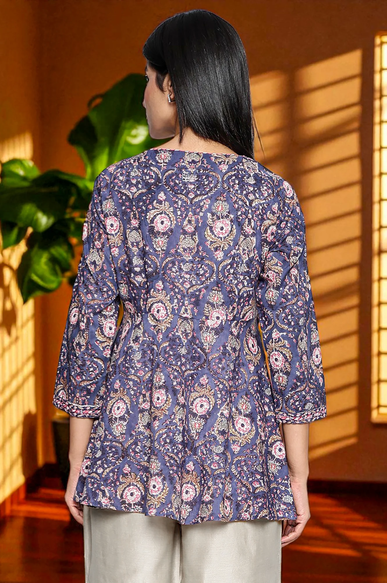 Grey Blue Printed Pure Cotton Flared Top - Image 5