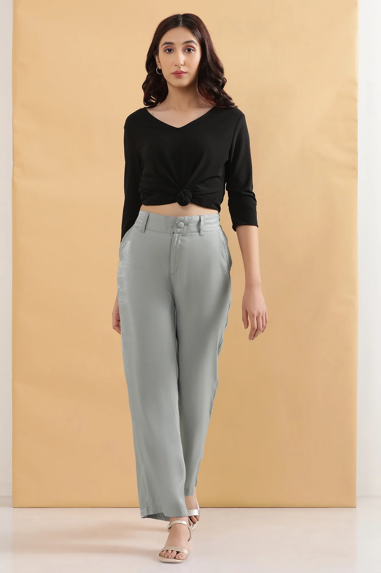 Elleven Women's Grey Solid Straight Fit Woven Pants With Elasticated Back - Image 2