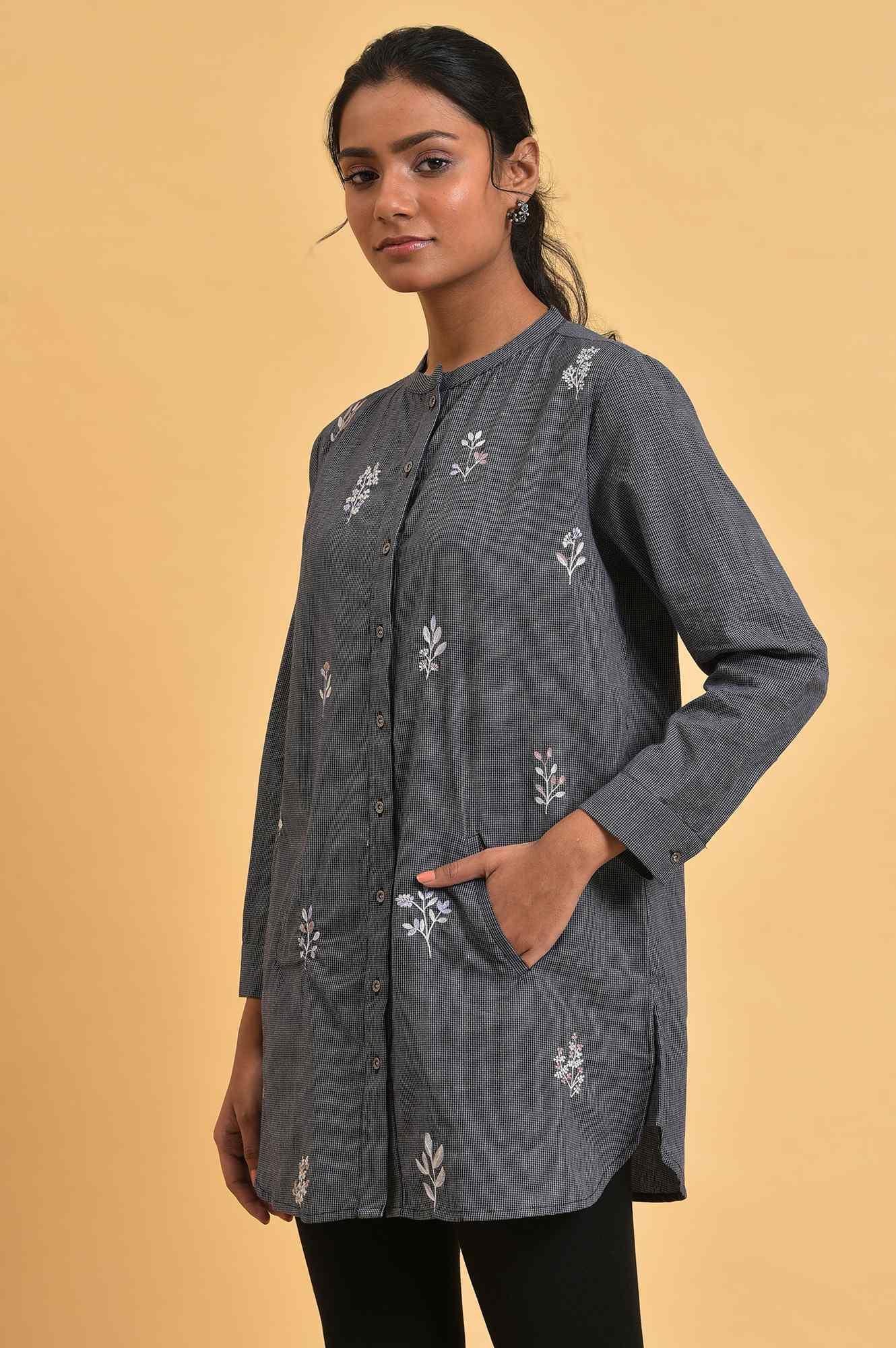 Grey Checker Embroidered Western Tunic - Image 3