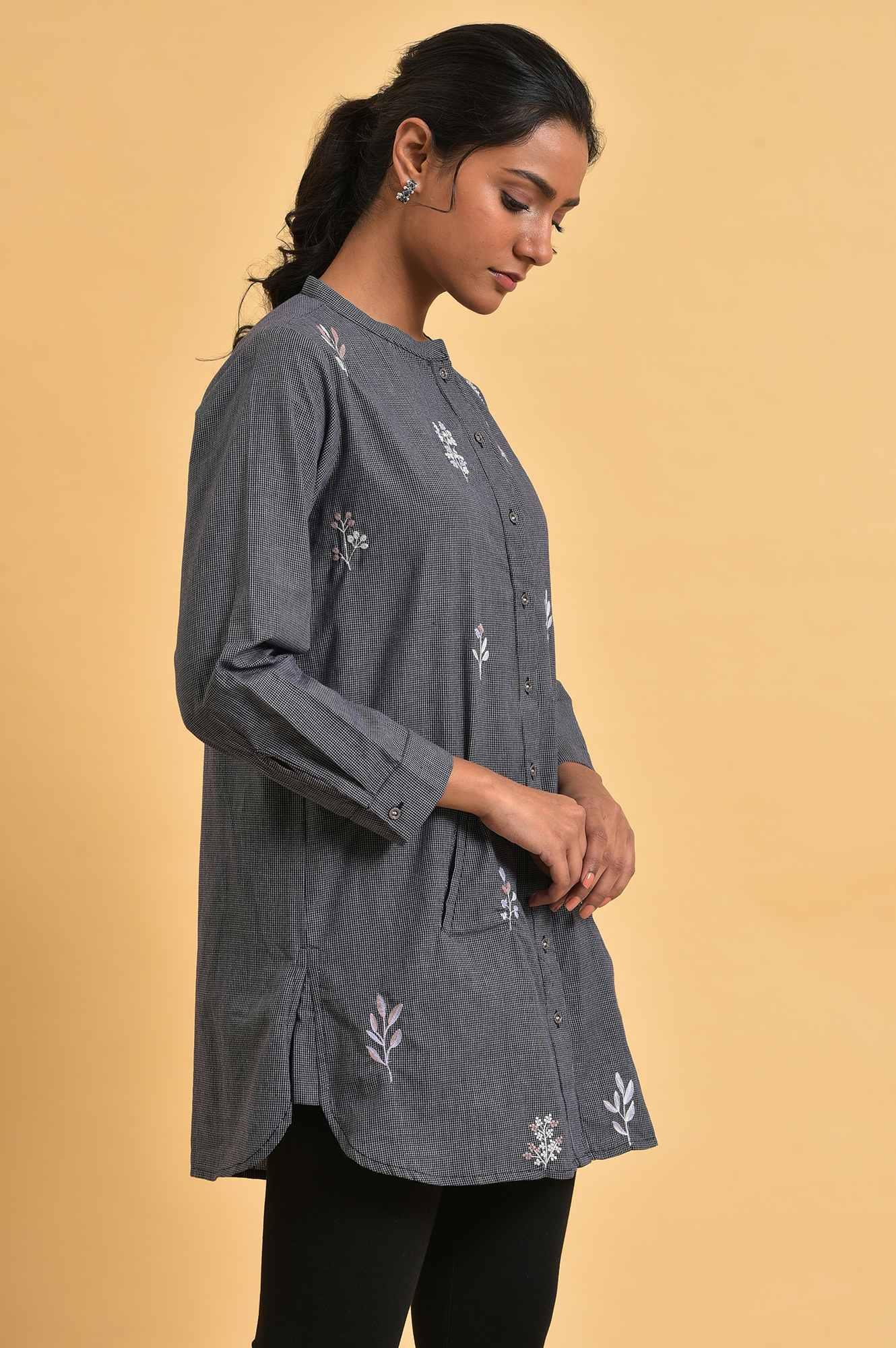 Grey Checker Embroidered Western Tunic - Image 4