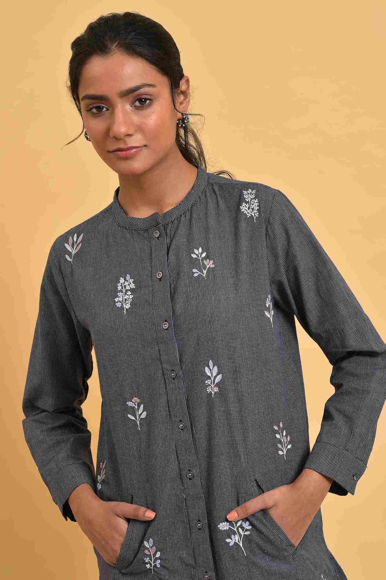 Grey Checker Embroidered Western Tunic - Image 5