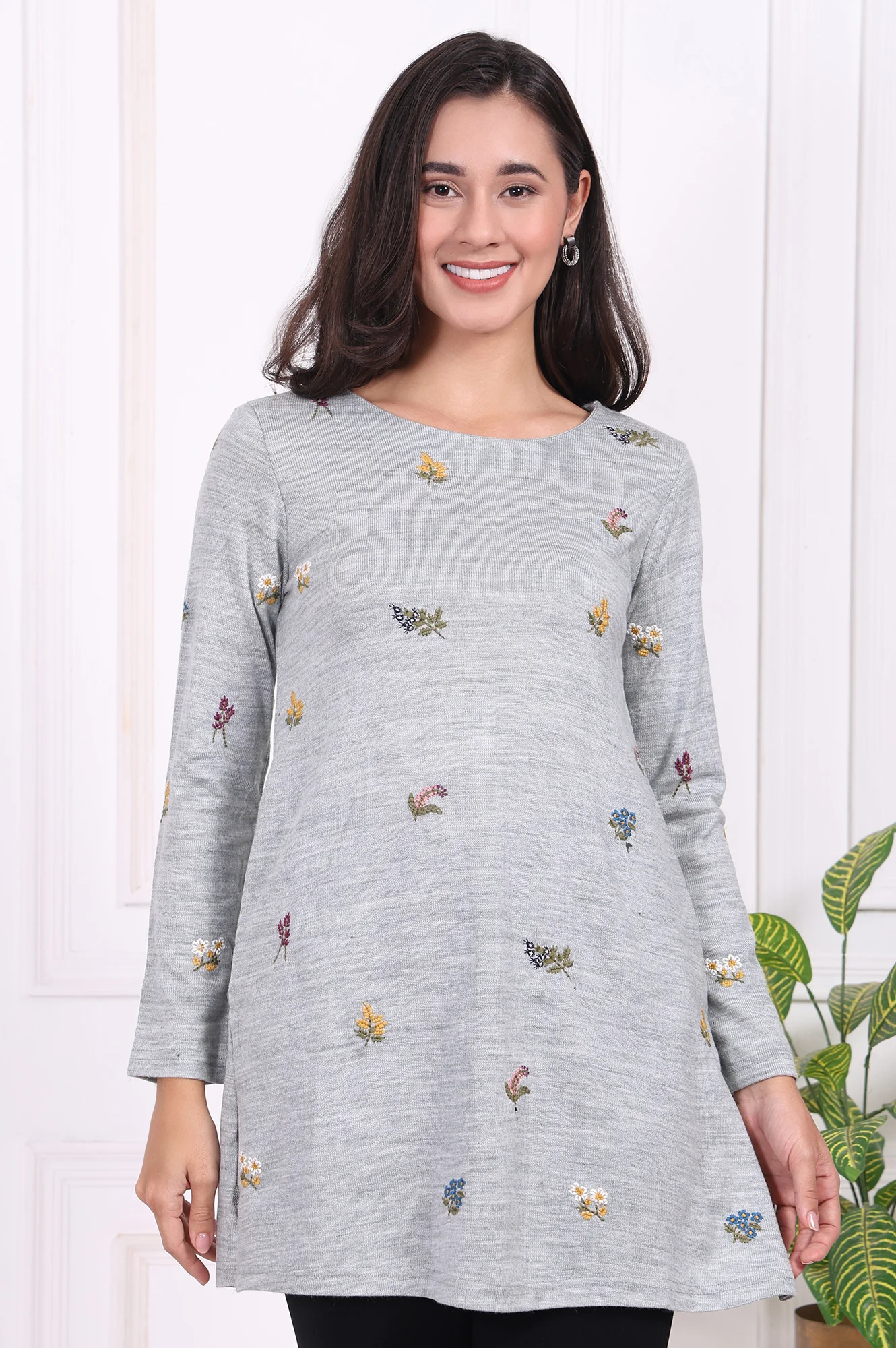 Grey Embroidered Acrylic Straight A-line Tunic