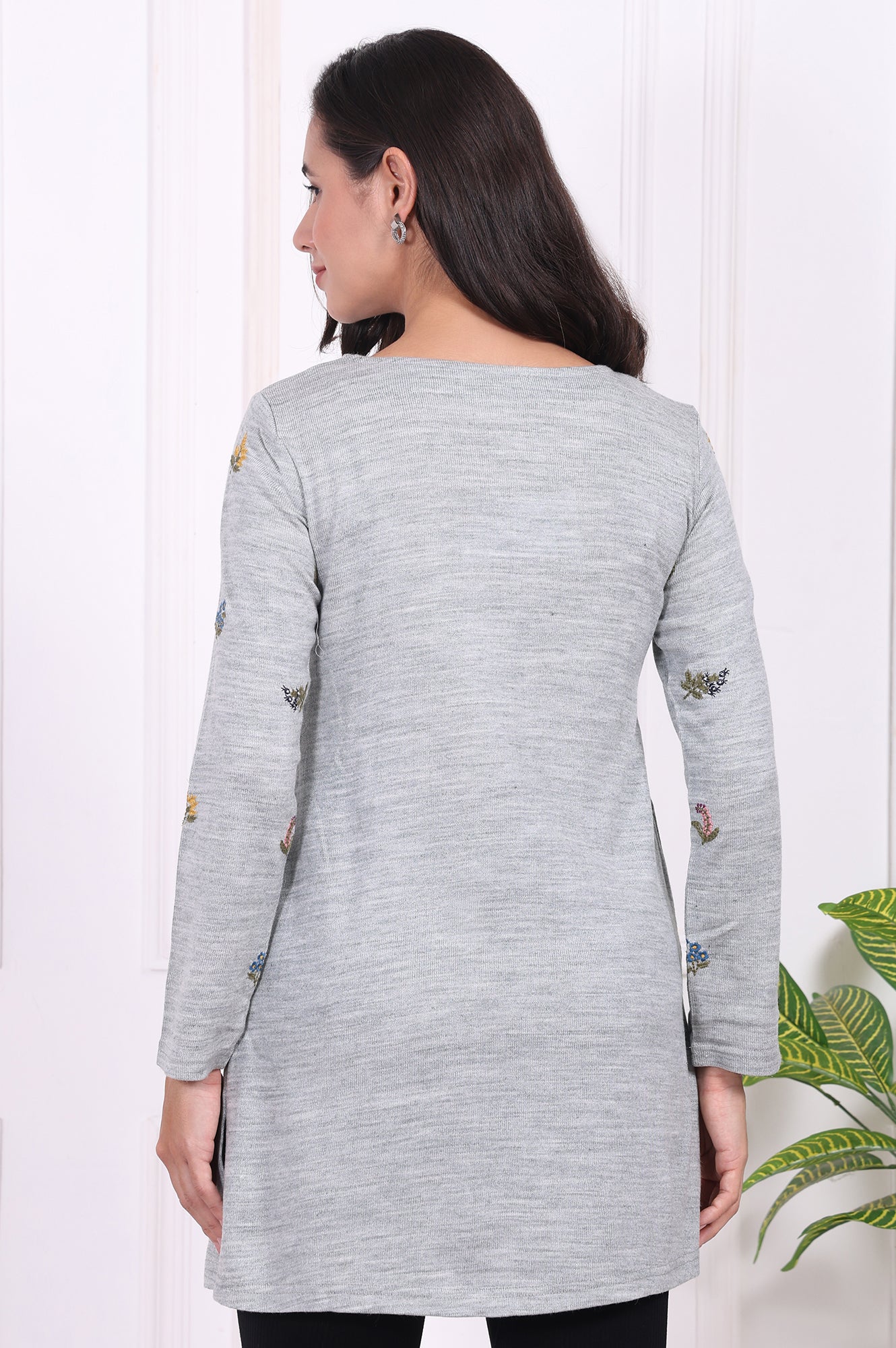 Grey Embroidered Acrylic Straight A-line Tunic - Image 5
